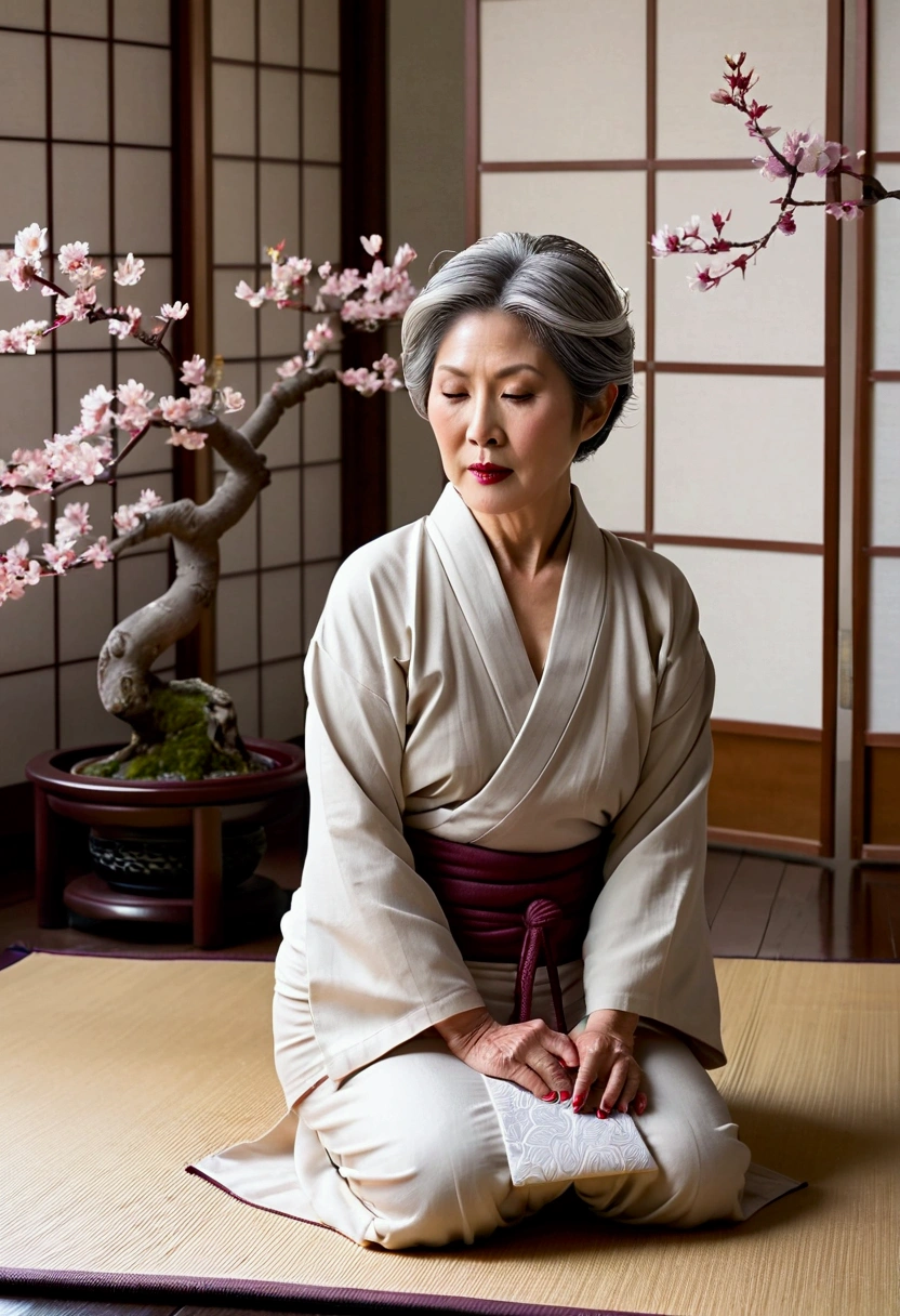 A mature nude thick with a round boobs Japanese mom in her late 50s with porcelain-like glowing skin and elegant make up with burgundy lipstick and short, silver hair kneels gracefully on a tatami mat. Her hand brushing through her hair , evoking the elegance of traditional Japanese art. The scene is set in a minimalist room with a shoji screen, a blooming bonsai tree, and soft, natural lighting from a paper lantern.