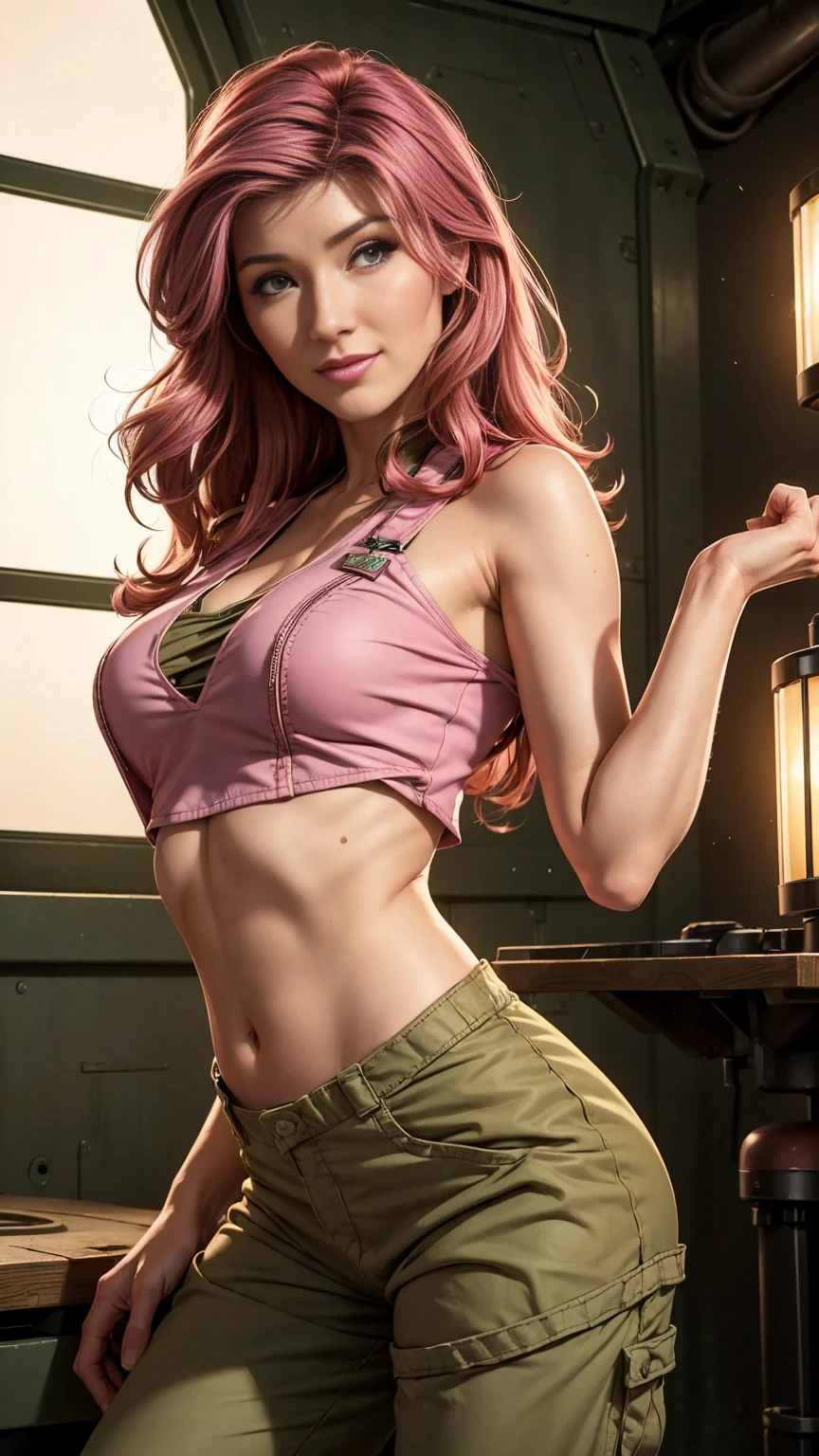Jewel Staite as Kaylee from Firefly, undone olive green coverall low rise shorts, ((short pink crop top)), long brunette hair, perfect breasts, pokies, sexy pose, ((sitting sideways in an armchair)), smile