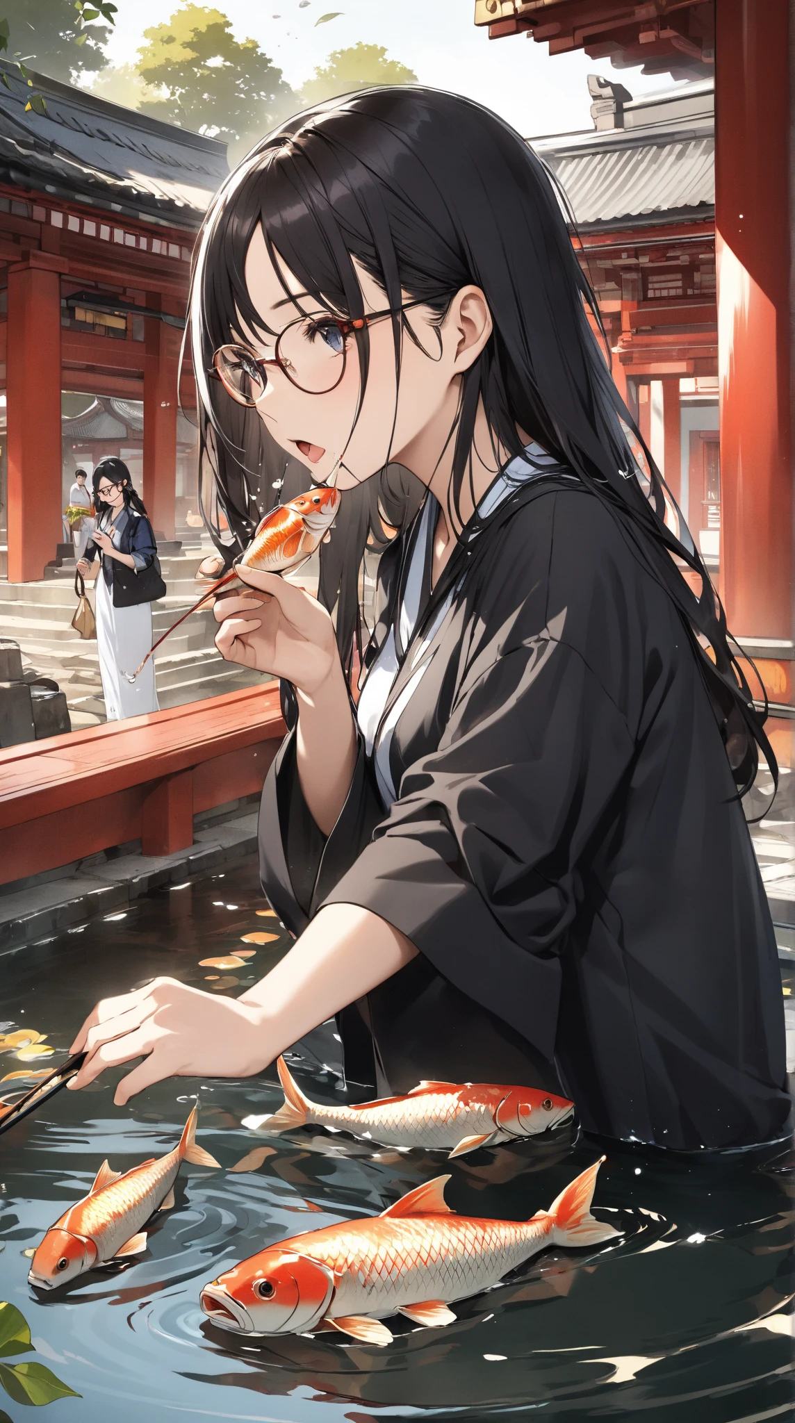 Black hair, glasses, temple, feeding carp