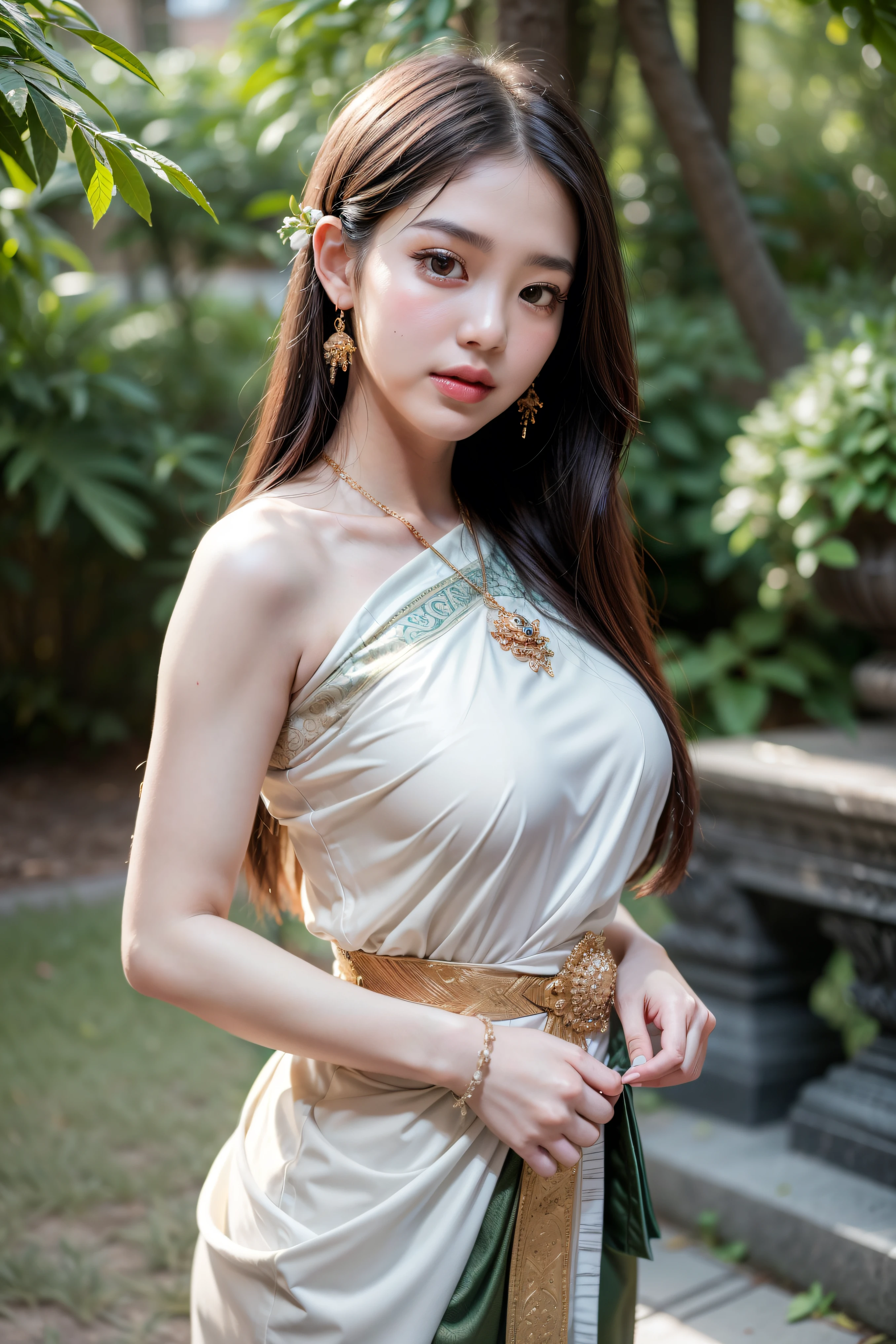 8K, ultra high detailed, an thai girl, cute face, happy, very long hair, impressive hairstyle, detailed eyes, detailed lips, thai clothes,dark green dress, lace, wearing jewellery, nature background, flowers, afternoon, shadow, clear weather, whole body capture, full size body