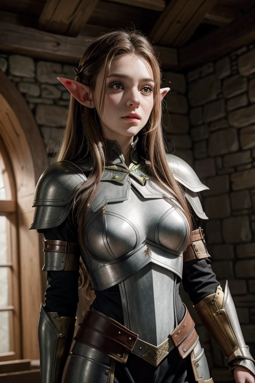 Girl 20 years old, Beautiful elf, beautiful face, bob hairstyle, Light steel armor, a sword in a sheath, with a forest in the background, with a forest in the background.