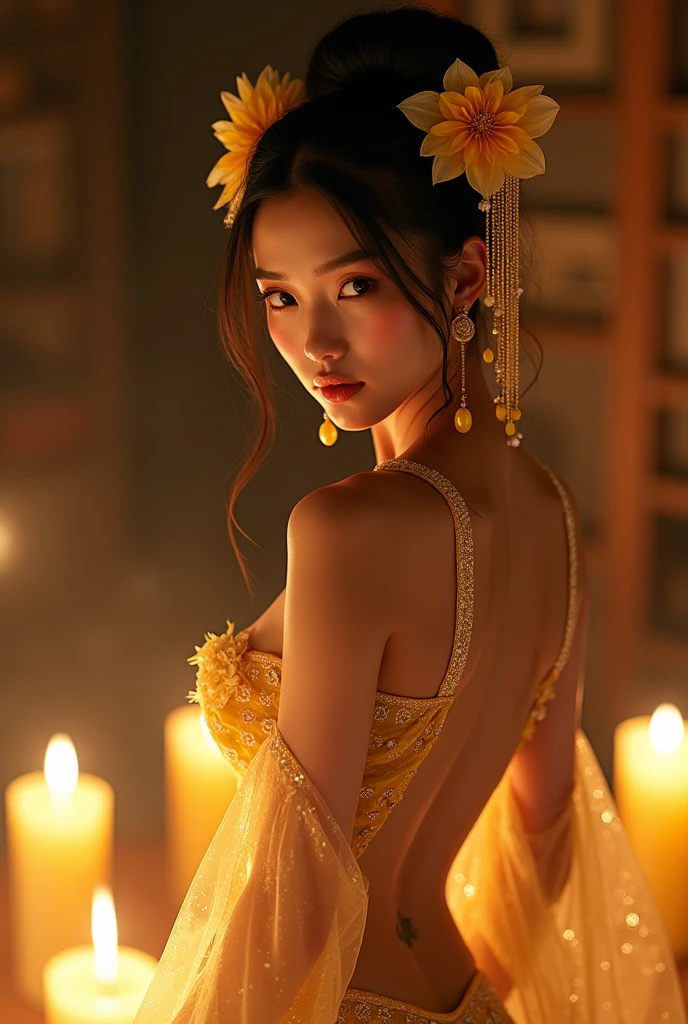 Full figure, seven -clinging shooting, 18 years old, wearing firefly clothes, exquisite faces, details, hands, ultimate details, amazing magnificence, Pedaipan style, fiber hair, glowing orange iris, glowing orange flower,