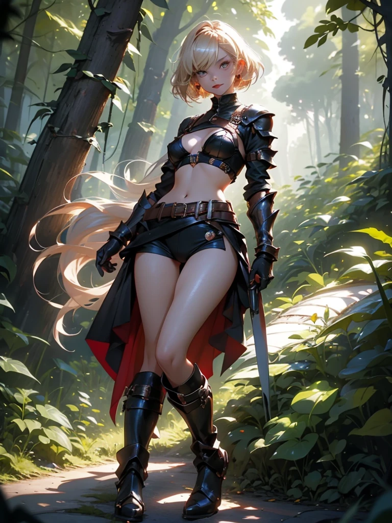 ((masterpiece, top quality)), (1 girl, small breasts), tan marks, dark skin, sunburn, disgust, from below, standing, hands on hips, upper body, wide shot, red short hair , devil horns, (cloak, glasses, lower milk), (breast harness, muscular, wide hips, thick thighs, navel, thigh strap, leather long pants), boots, ((holding a dagger in the handle, dagger&#39;s Battle posture, outdoors, adventurer, bandit \(final fantasy\) ))), forest, dungeon background, nature, medieval, reflected light, raytracing, delicate background, ((wide shot)) ((detailed face Features)), Shallow Depth of Field, [Volume Fog], Cinematic Lighting, Reflections, 8K Resolution, Subtle, Absurd, Realism, Absurd, High Detail, (Ray Tracing), High Resolution, Ultra Detail, Physics Base Rendering, Surreal, Natural Light, (Highly Detailed CG 8K Wallpaper), (Very Delicate and Beautiful), (Masterpiece), (Highest Quality: 1.0), (Ultra High Resolution: 1.0), Beautiful Lighting, Realistic Shadows, [HiRes], Detailed Skin, Super Detailed, (Realistic, Photorealistic: 1.4)
