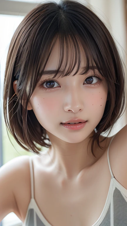 ((realistic light, highest quality, 8K, table top: 1.3)), 1 girl,  (orgasm face), Slim body beauty: 1.4, brown hair, (orgasm face), (((super big: 1.3)), off shoulder cut top: 1.3, highly detailed face, fine eyes, double eyelid, my room, smile, cleavage, saggy breasts, (((beauty of saggy breasts))