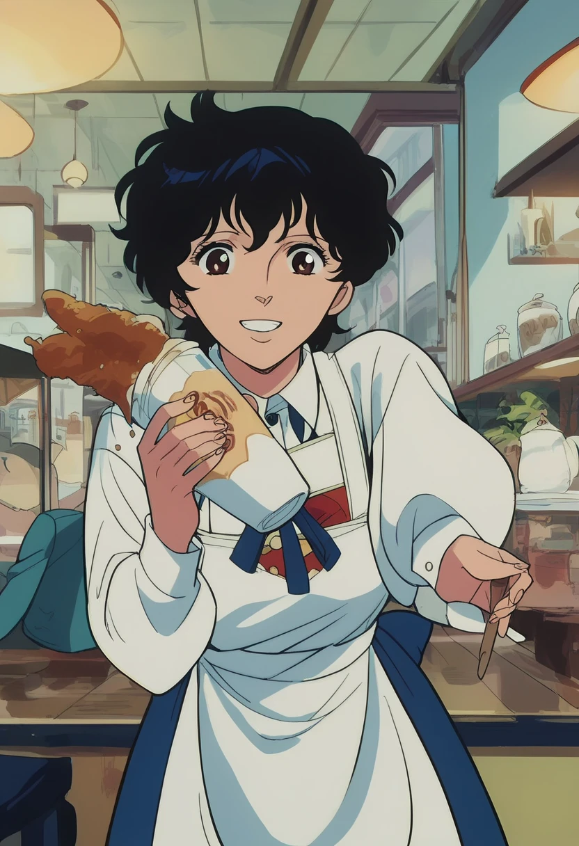  1 girl, fa1_k1s,
Ai Kisugi [Cat's Eye] , looking at viewer,  white apron , holding cup, indoor, Cafe, smile,  , BREAK score_9, score_8_up, score_7_up, score_6_up, score_5_up, score_4_up, source_Anime, Cinematic Angle ,official Anime screencap