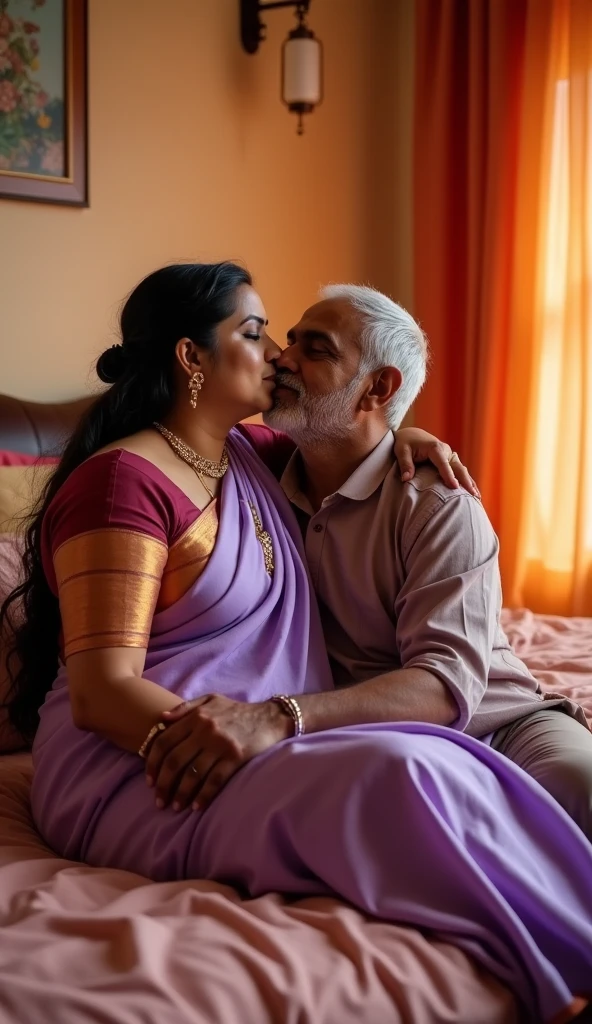 A radiant, full-figured South Indian plus-sized 30 year old teacher wearing a cream silky saree tenderly hugging and kissing a jubilant 60-year-old man in a living room, captured in a full-body image with vibrant hues and meticulous details.