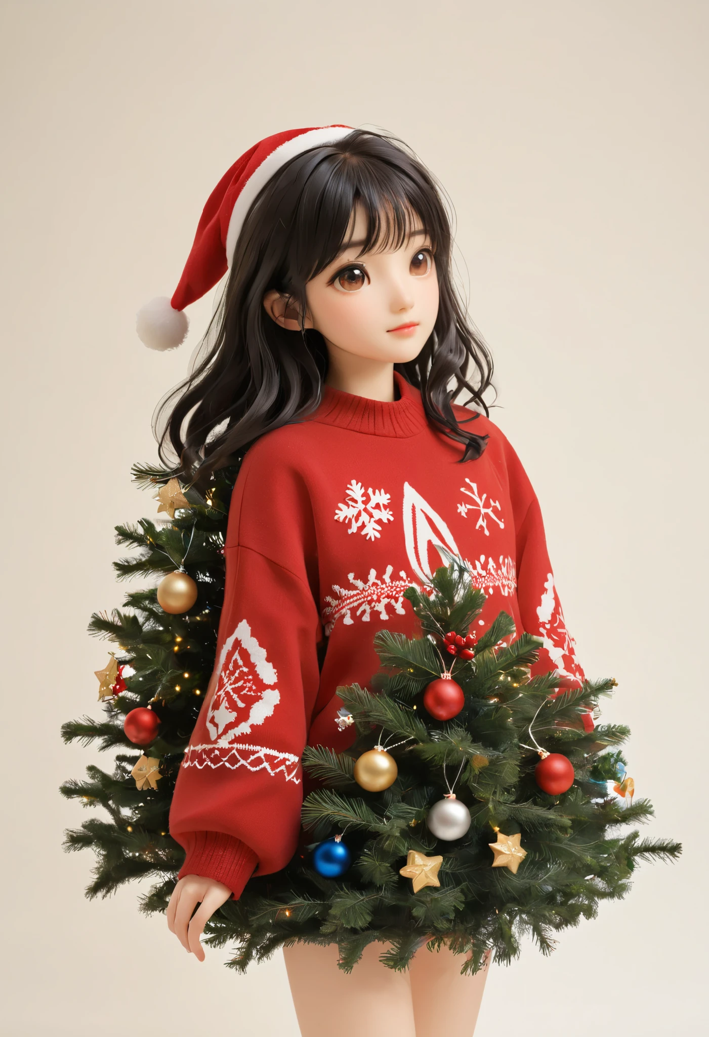 zepet、 Very Beautiful Japanese High  Girls 、 black hair、 wavy hair 、bangs、red stadium jumper 、Decorate a Christmas tree、 simple background
