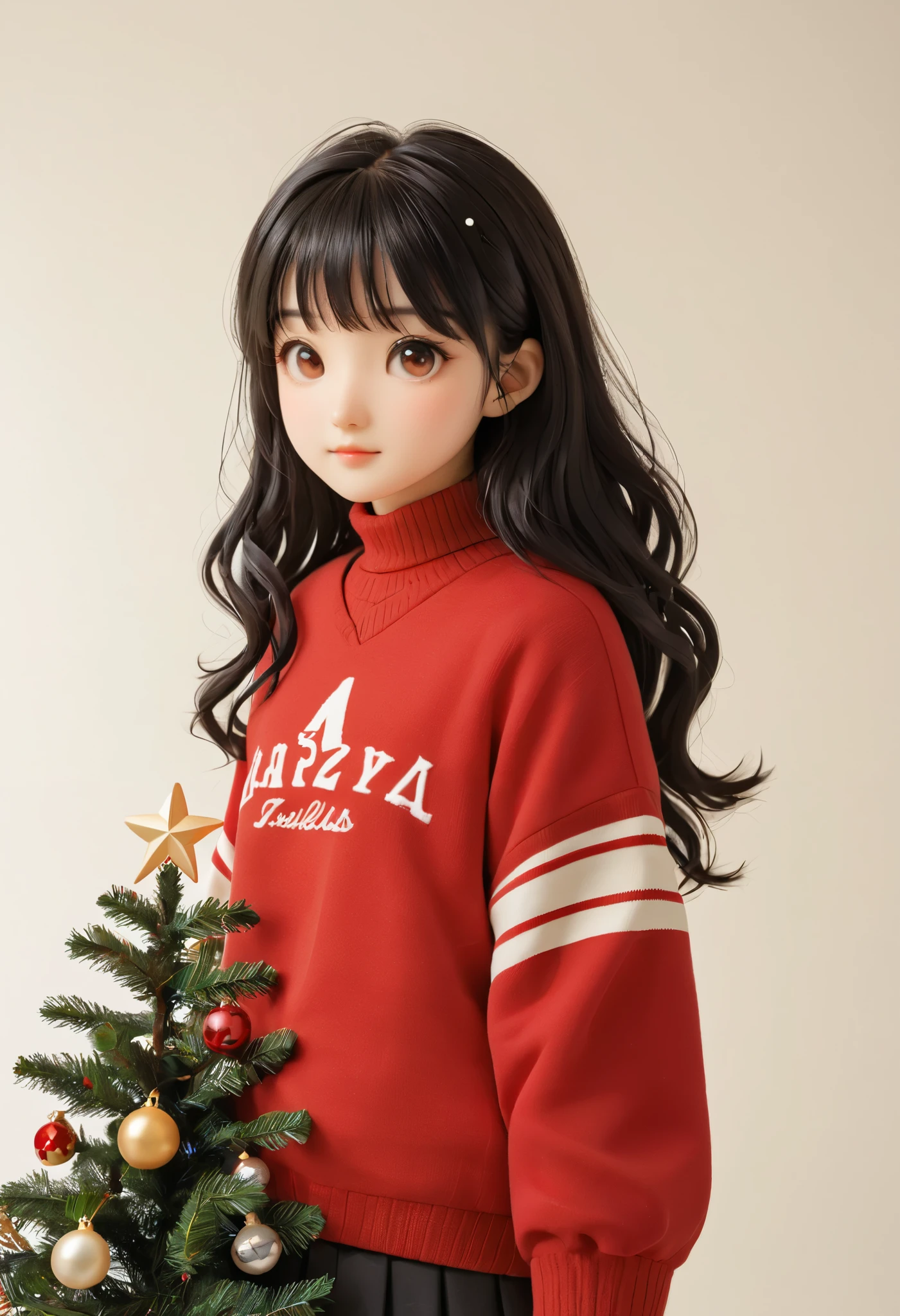 zepet、 Very Beautiful Japanese High School Girls 、 black hair、 wavy hair 、bangs、red stadium jumper 、Decorate a Christmas tree、 simple background
