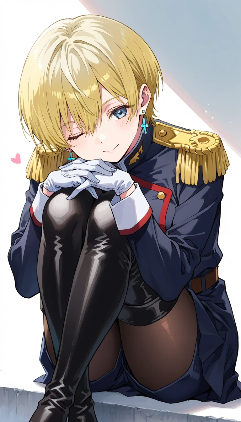 masterpiece、best quality、extremely detailed、8k、 high-resolution photo , masterpiece,  top quality、Hires .fix:1.4、 1 beautiful woman、It goes to Izumo, short hair, blue eyes, blonde hair,thighhighs, gloves, jewelry, earrings, boots, shorts, belt, uniform, military, military uniform, thigh boots, epaulettes,skirt, long sleeves, jewelry, pantyhose, earrings、 smiles、椅子に座る、 crosses legs、Hands on knees、one eye closed、