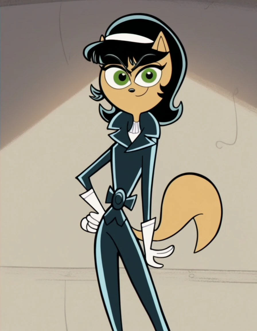 Kitty Katswell, solo, tail, gloves, furry, white gloves,black bodysuit,long sleeves,white hairband, smile,  furry female, cat ears, 1girl, cat girl, black hair, short hair, standing, green eyes,score_9, score_8_up, score_7_up, score_6_up, score_5_up, score_4_up, looking at viewer,hand on hip, cowboy shot, determined smile