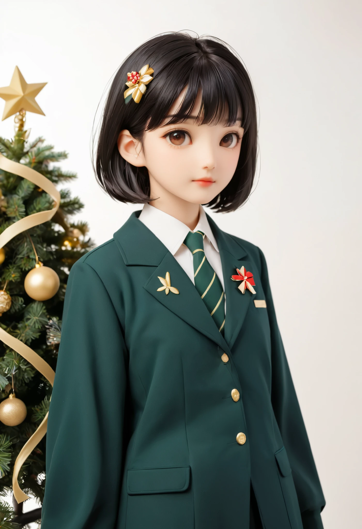 zepet、 Very Beautiful Japanese High School Girls 、 black hair、 short bob hair 、bangs、uniform、Decorate a Christmas tree、 simple background