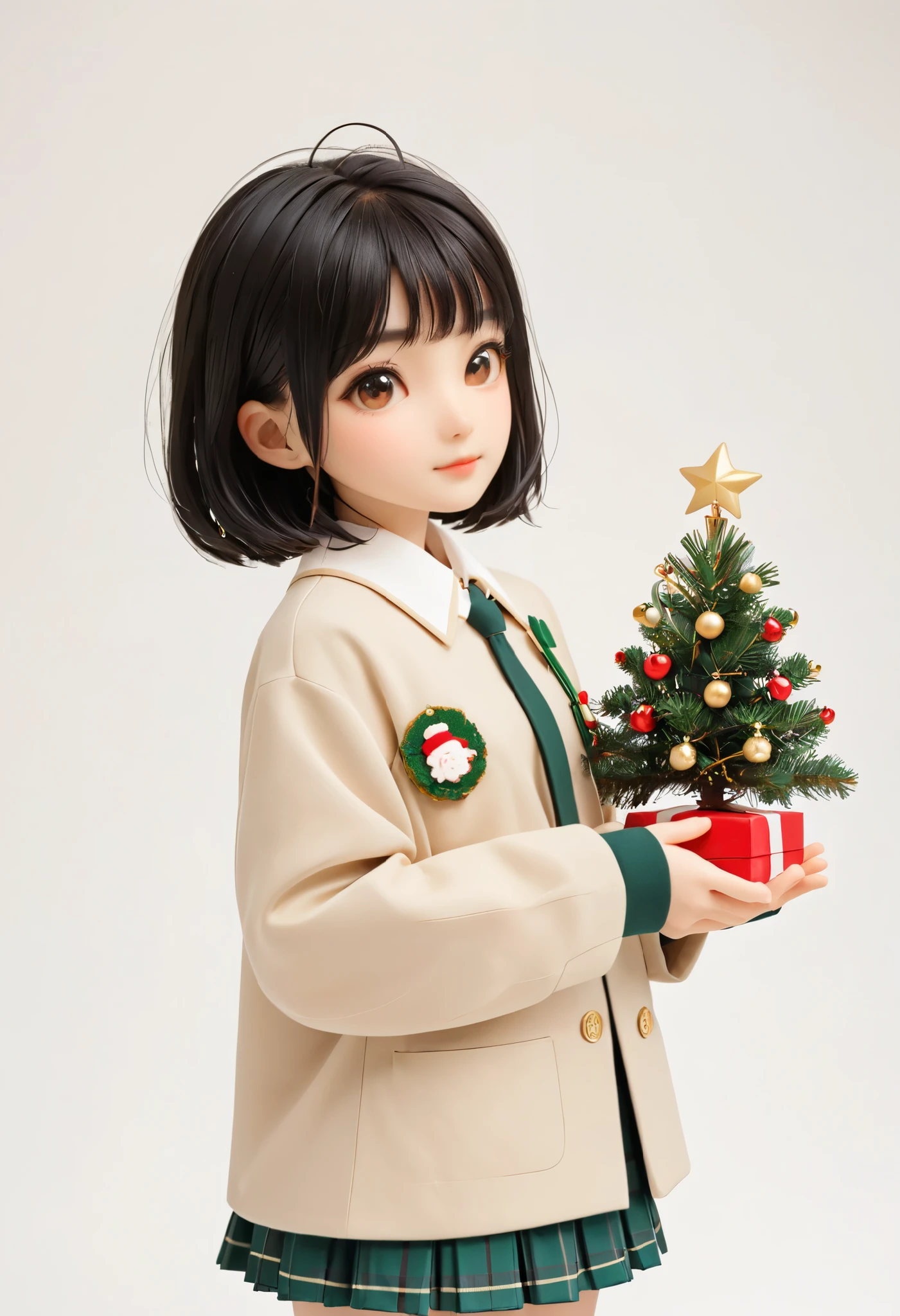 zepet、 Very Beautiful Japanese High School Girls 、 black hair、 short bob hair 、bangs、uniform、Decorate a Christmas tree、 simple background