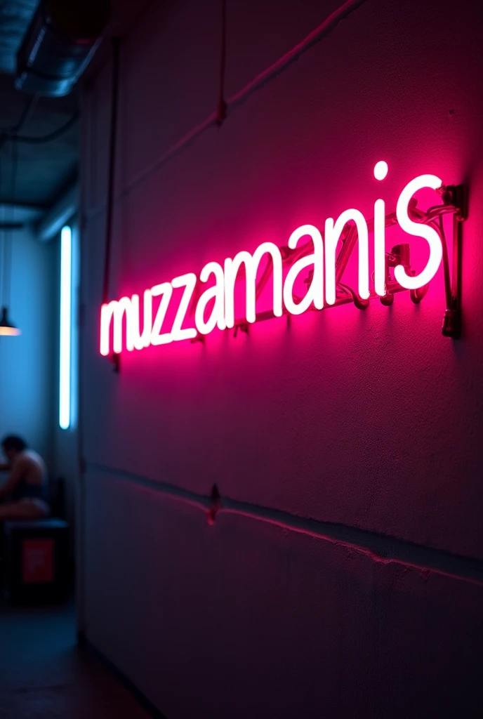 Moscow Bistro Bar. Logo azul, morado, verdeneon, comida y bebida. Letras en arco