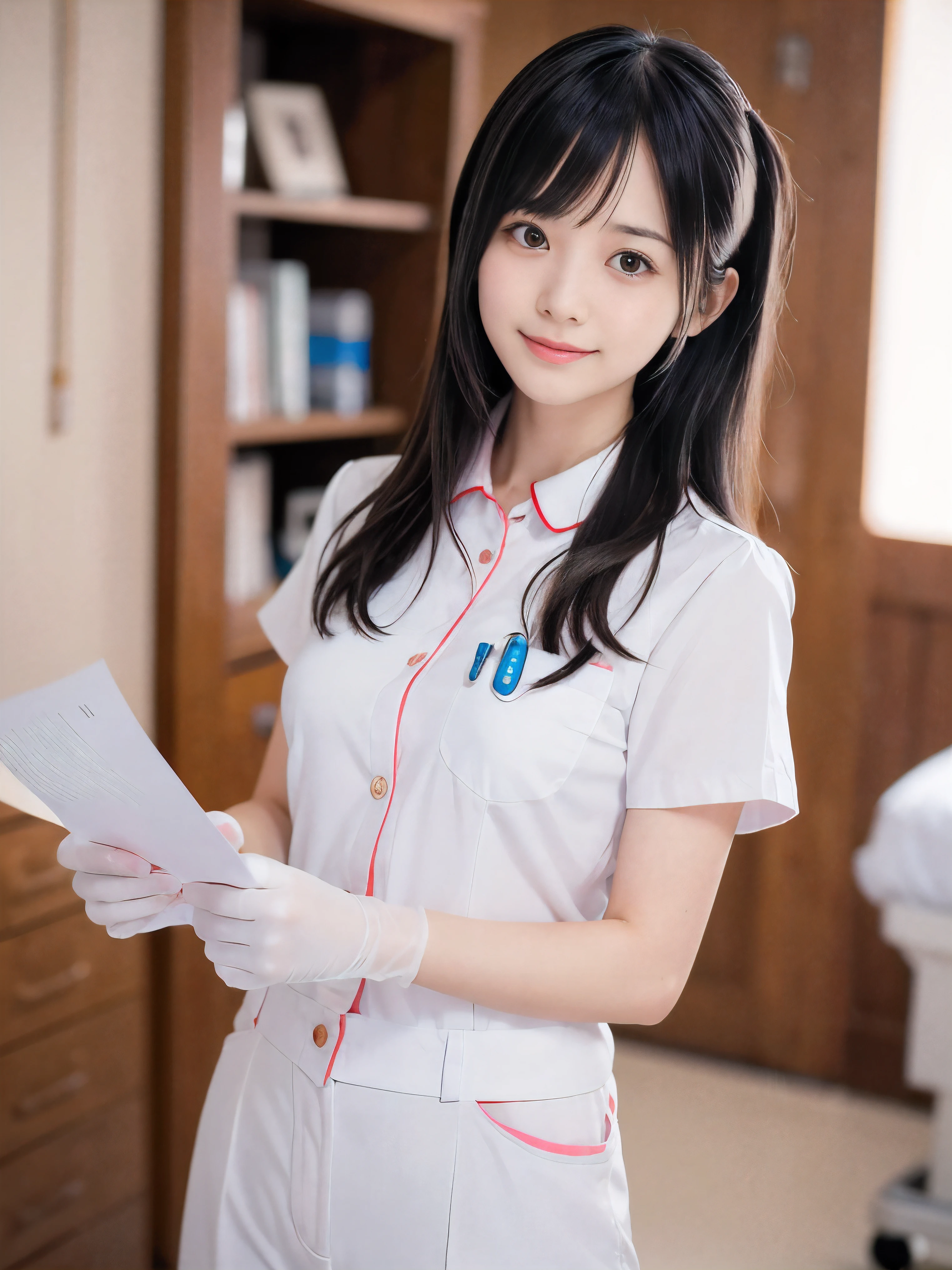 (Close-up face shot of one slender small breasts two side up black medium hair with bangs girl in a white nurse long pants uniform :1.5)、(One nurse hold paper cup on hand with urethane gloves in the hospital room in Japan with small smile:1.5)、(blurred background:1.5)、(Natural light:1.5)、(8k ultra detailed master piece:1.5)、(perfect anatomy:1.5)、(Photorealistic stick:1.5)、(Raw photo:1.3)、(highest quality:1.5)、(High resolution:1.3)、(Delicate and beautiful perfect face:1.3)、(Delicate and beautiful eye air skin:1.3)、(Real Human Skin:1.3)、((thin legs))
