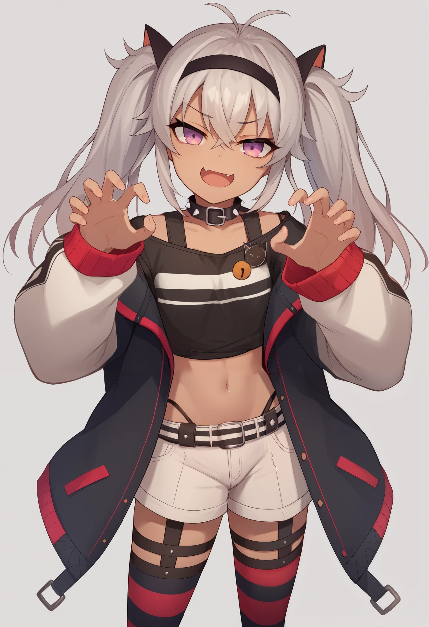 score_9, score_8_up, score_7_up, source_anime, claw pose, mm1, purple eyes, dark-skinned female, ahoge, grey hair, twintails, animal ears, hairband, black hairband, collar, spiked collar, shirt, jacket, long sleeves, off shoulder, white shorts, highleg panties, belt, thighhighs, striped, striped thighhighs, thigh strap, smug