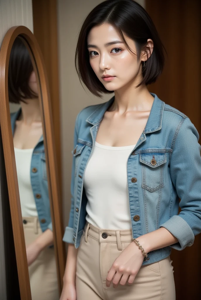 (((masterpiece, top quality, high res,  RAW photos )), 1 Japanese wife ,  very short hair ,  (( white shirt,  beige pants,  denim jacket)),  earrings,  necklace,  bracelet ,  selfie,  is looking in the mirror, room, Wife