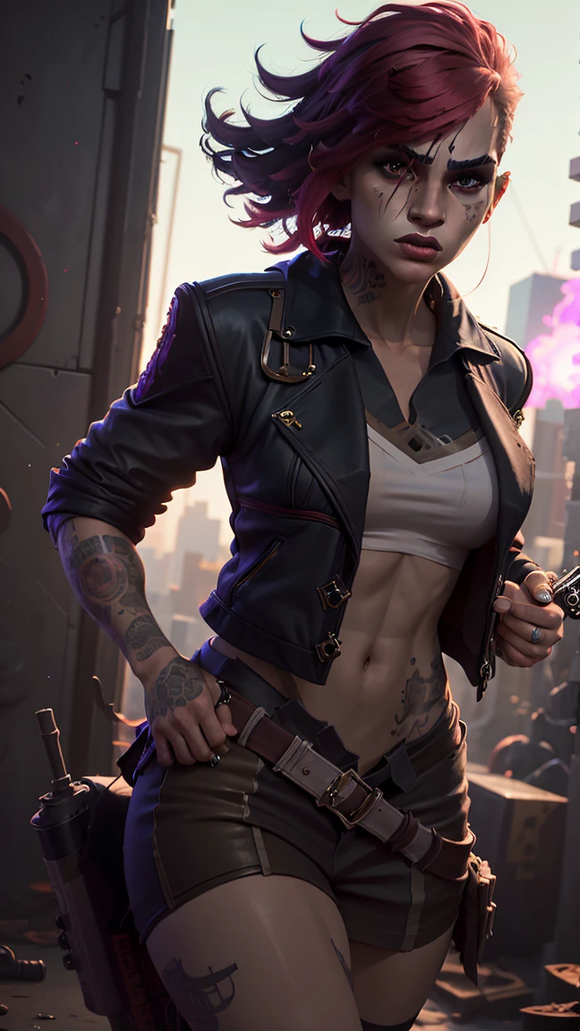 a beautiful detailed girl in the style of VI from Arcane, incredibly detailed portrait, hyper realistic, dynamic pose, beautiful detailed eyes, beautiful detailed lips, extremely detailed skin and face, long eyelashes, messy blue hair, colorful cyberpunk outfit, leather jacket, ripped stockings, tattoos, holding a rocket launcher, confident fierce expression, neon city background, moody lighting, vibrant colors, highly detailed, cinematic composition, photorealistic