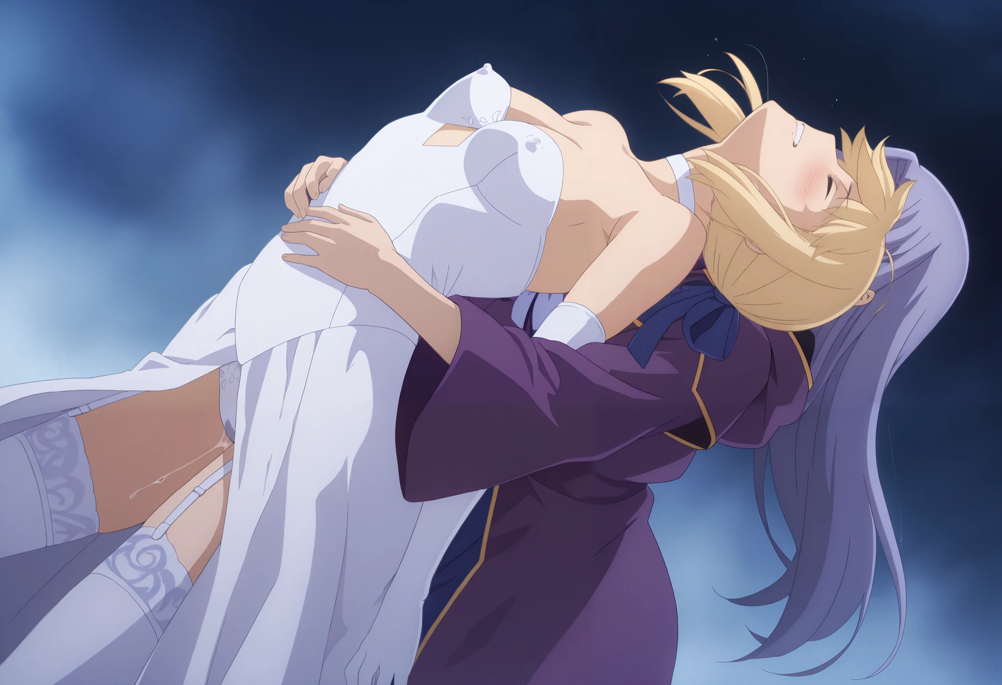 high resolution, masterpiece, necessary, detail, best quality, quality, necessary, details, High details, Precise, blue hour, Fog , mist, faint light,
 
2girls, agirl_and_bgirl, ufotable style, ufotable anime, yuri sex,

agirl, Medea , medea Fate Grand Order, fate, Fate Grand Order, smile, purple robe, put on the hood, evil smile, ,hug a bgirl from back,

Bgirl, artoria pendragon (fate), saber (fate),  concept Headback(arched back), ((headback)), ,                                                                        
Closed Eyes, , hair bow, blue bow, ponytail, white choker, bare shoulders, white dress, strapless dress, cleavage, white gloves, elbow gloves, garter straps, white thighhighs, lace trim thighhighs, (show off nipples), small breast, white panties, pussy juice, ,blush,, saliva,