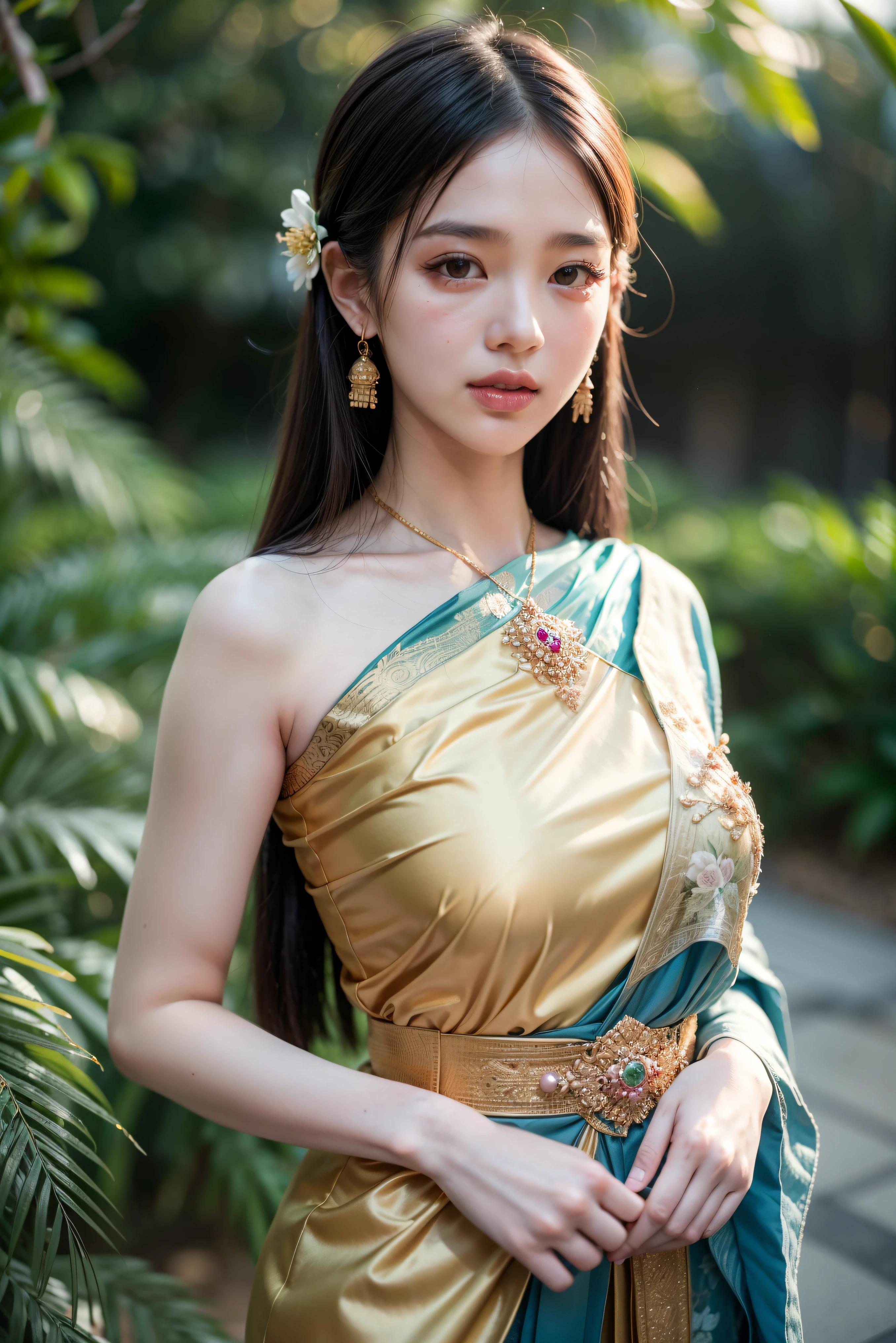 8K, ultra high detailed, an thai girl, cute face, happy, very long hair, impressive hairstyle, detailed eyes, detailed lips, thai clothes,dark green dress, lace, wearing jewellery, nature background, flowers, afternoon, shadow, clear weather, whole body capture, full size body