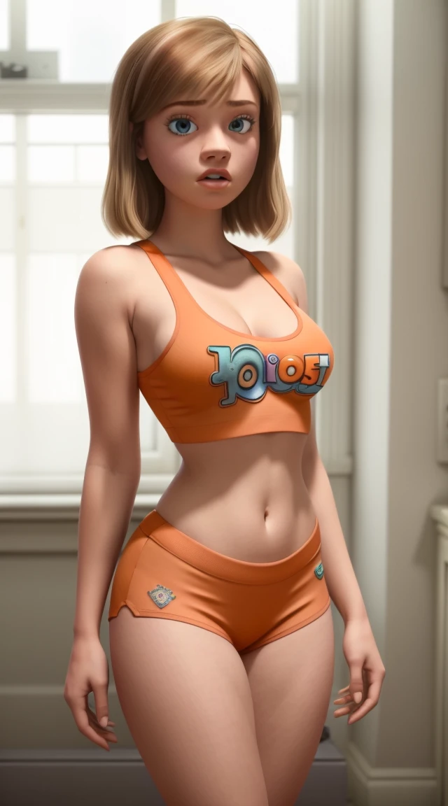 women, ((masterpiece, Best Quality)), full body view, bursting very giant breasts, slim, very fat legs, Wide hips, detailed skin, Riley Andersen  as a hooters girl, mermaids white and orange tight clothing, Bermuda, fitted crop top,  Very detailed, cinematic lighting, ultra realistic, blush, looking at the viewer, Riley Andersen from the movie Inside Out 