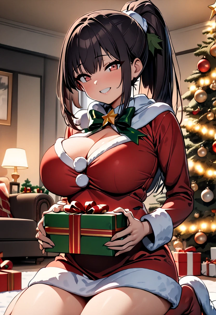 (  Masterpiece ,   top quality:1.2), (((One anime girl))) , (((Alone))),   Expressive Eyes ,  sexy, Santa girl costume, (((Dark-haired ponytail ))). ((( straight hair))), (smile), (((Reddish brown eyes))), ((( holding a present with both hands))), Christmas decorations, (Big Breasts), 嬉しそうなsmile,  Living Room , kneeling