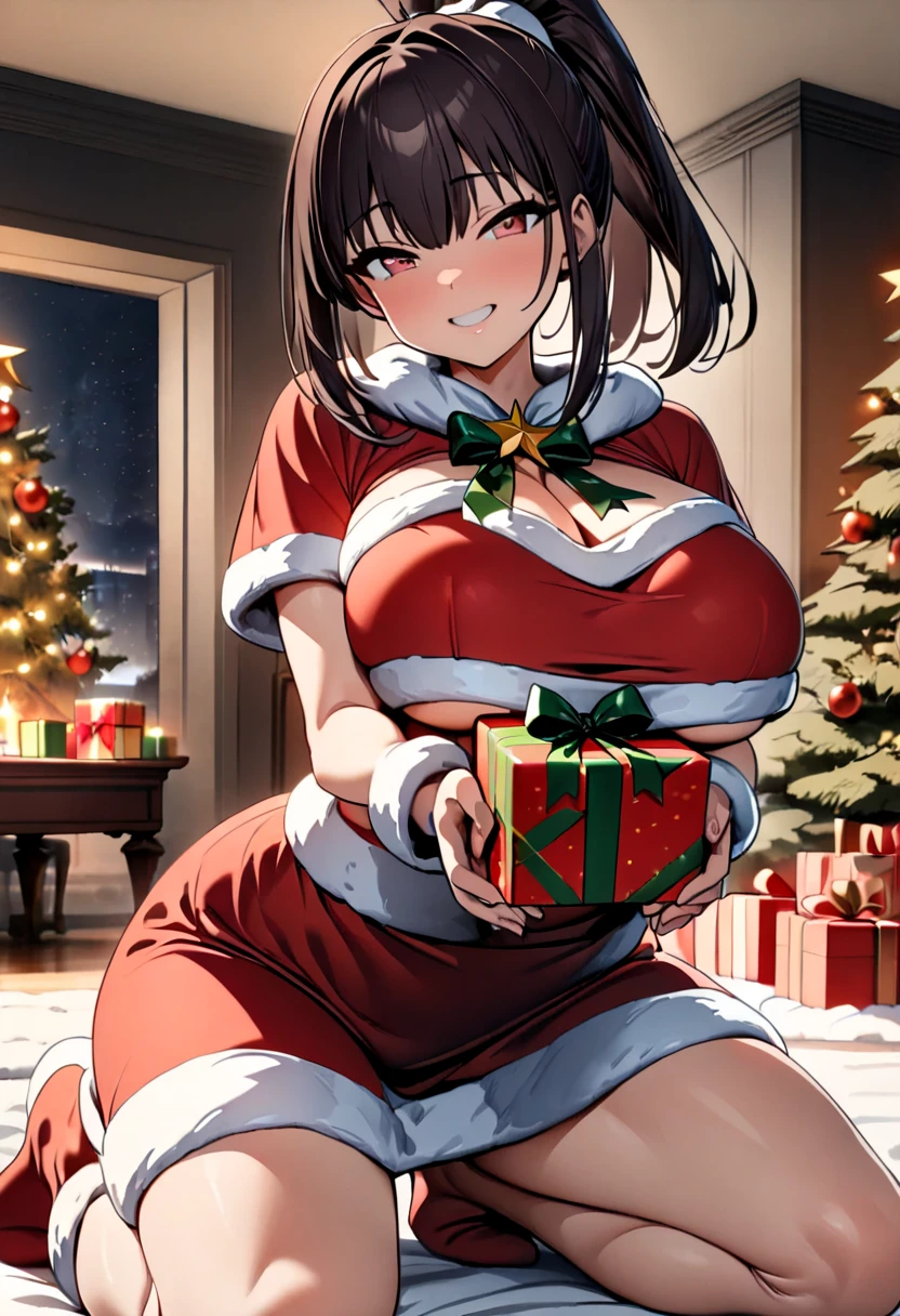 (  Masterpiece ,   top quality:1.2), (((One anime girl))) , (((Alone))),   Expressive Eyes ,  sexy, Santa girl costume, (((Dark-haired ponytail ))). ((( straight hair))), (smile), (((Reddish brown eyes))), ((( holding a present with both hands))), Christmas decorations, (Big Breasts), 嬉しそうなsmile,  Living Room , kneeling