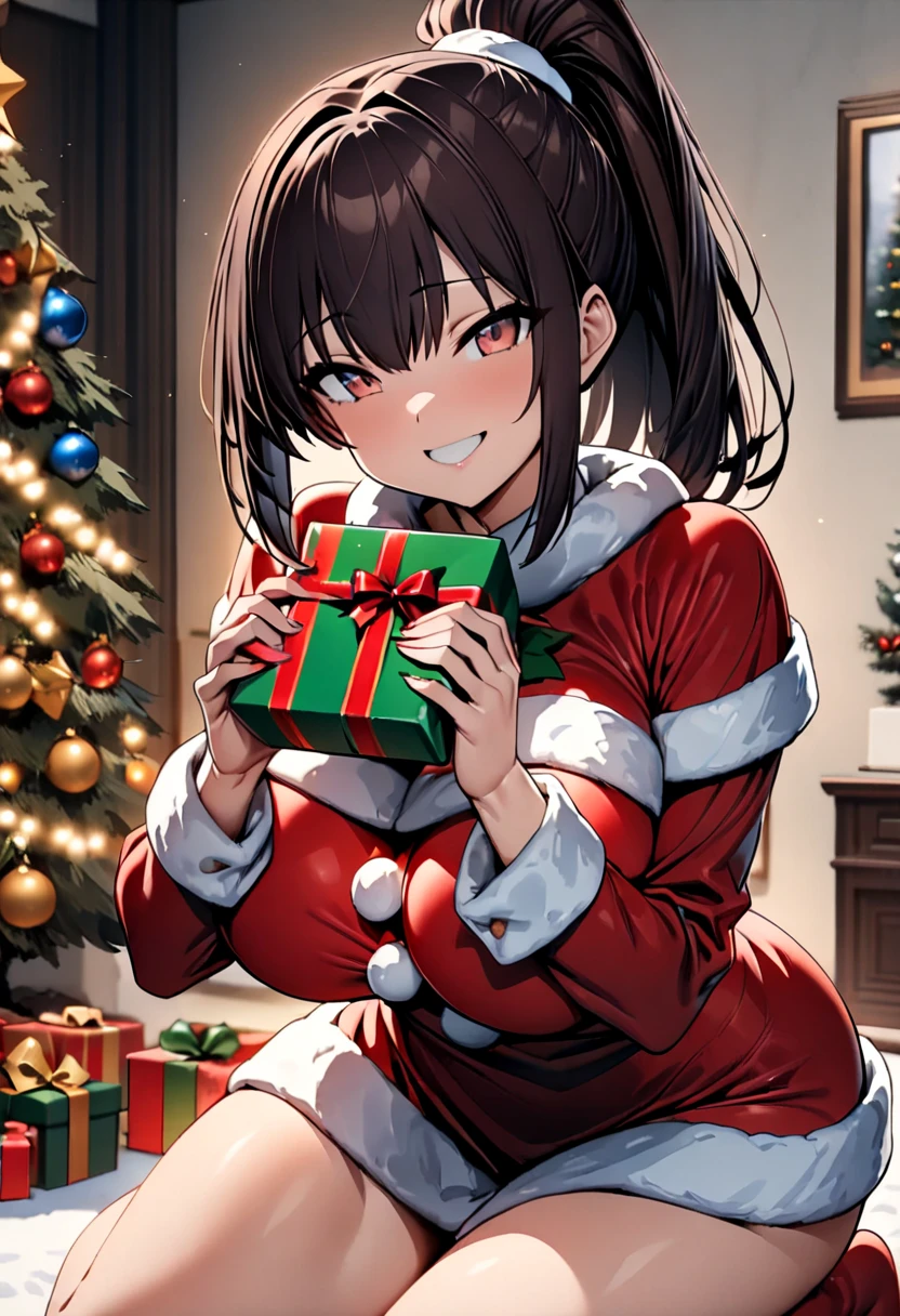 (  Masterpiece ,   top quality:1.2), (((One anime girl))) , (((Alone))),   Expressive Eyes ,  sexy, Santa girl costume, (((Dark-haired ponytail ))). ((( straight hair))), (smile), (((Reddish brown eyes))), ((( holding a present with both hands))), Christmas decorations, (Big Breasts), 嬉しそうなsmile,  Living Room , kneeling