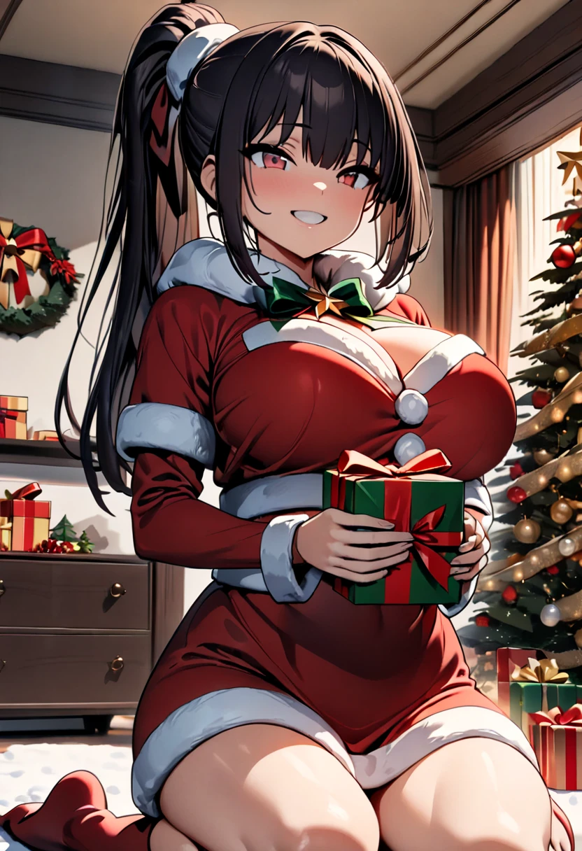 (  Masterpiece ,   top quality:1.2), (((One anime girl))) , (((Alone))),   Expressive Eyes ,  sexy, Santa girl costume, (((Dark-haired ponytail ))). ((( straight hair))), (smile), (((Reddish brown eyes))), ((( holding a present with both hands))), Christmas decorations, (Big Breasts), 嬉しそうなsmile,  Living Room , kneeling