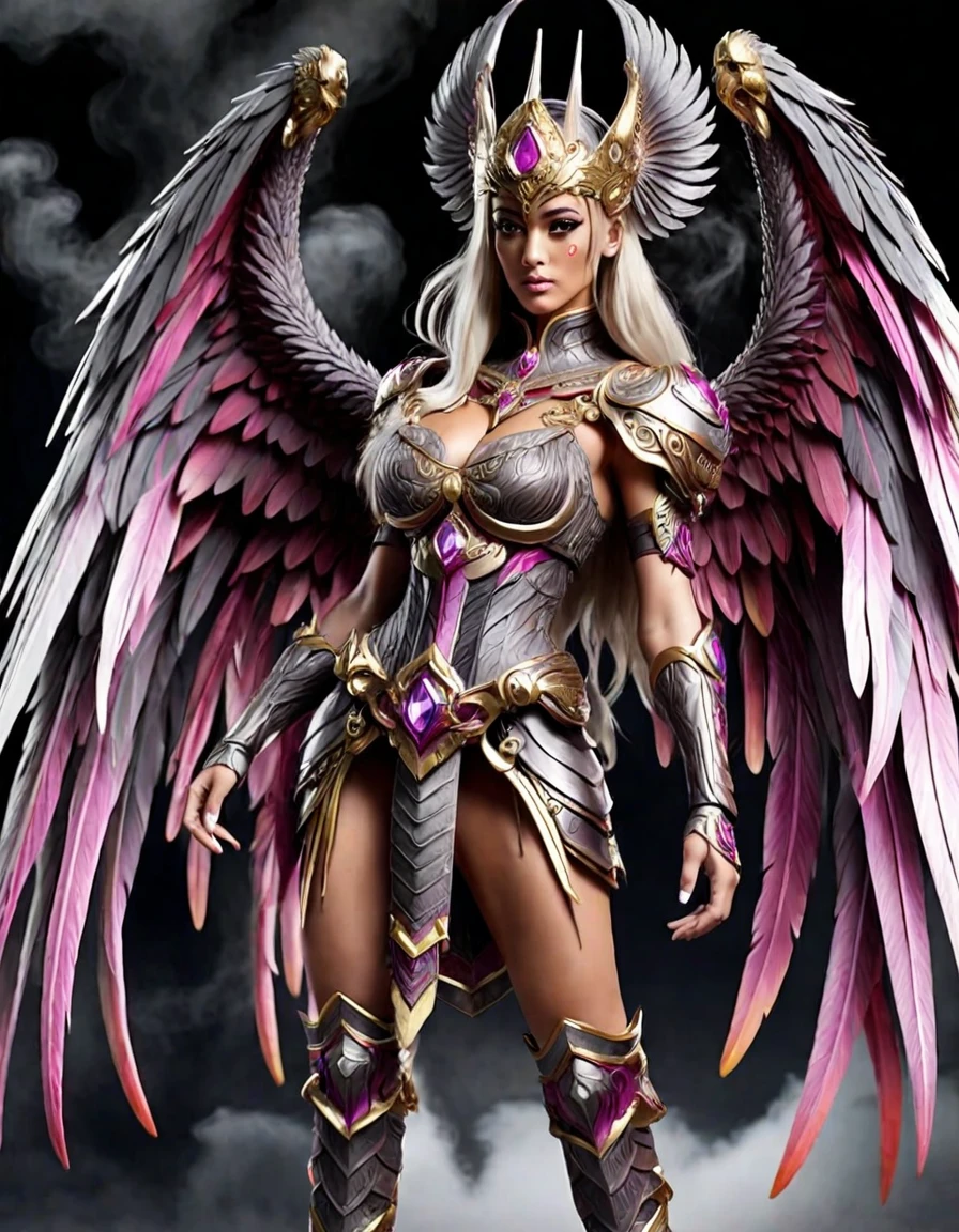 arafed, a picture of an angel rock star on stage, the angel, an exquisite beautiful female angel, dynamic hair style, dynamic hir color, wears a (pink: 1.3) intricate dress, (black: 1.2) high heels, her angelic wings are spread and has many lights shining on the, rock star, rock concert stage background best quality, 16k, [ultra detailed], masterpiece, best quality, (ultra detailed), full body, ultra wide shot, photorealism, armored dress, LightningMagicAI, feathered wings
