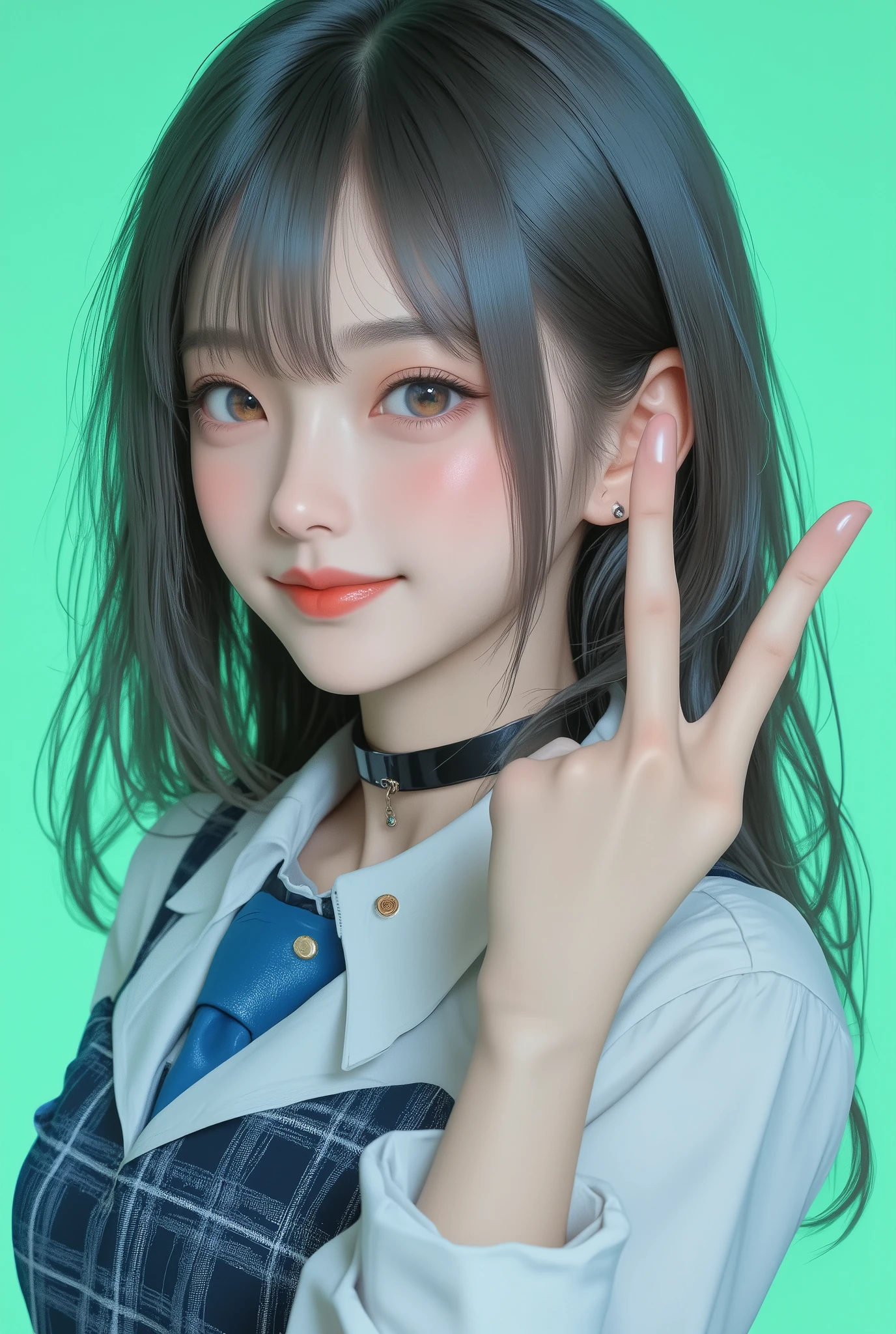 anime-style illustration, photo realism,1girl, long straight smoky blue hair, Her hair is as beautiful as a doll's ,playful pose, winking and smiling, hand making a V-sign near her eye, wearing a white shirt with rolled-up sleeves, blue plaid skirt, loosened blue necktie, black choker with a ring, earrings, soft blush on cheeks, bright and cheerful expression, green Chromakey background, vibrant and youthful atmosphere, close-up composition focusing on upper body, sharp focus, physically-based rendering, extreme detail description, professional,