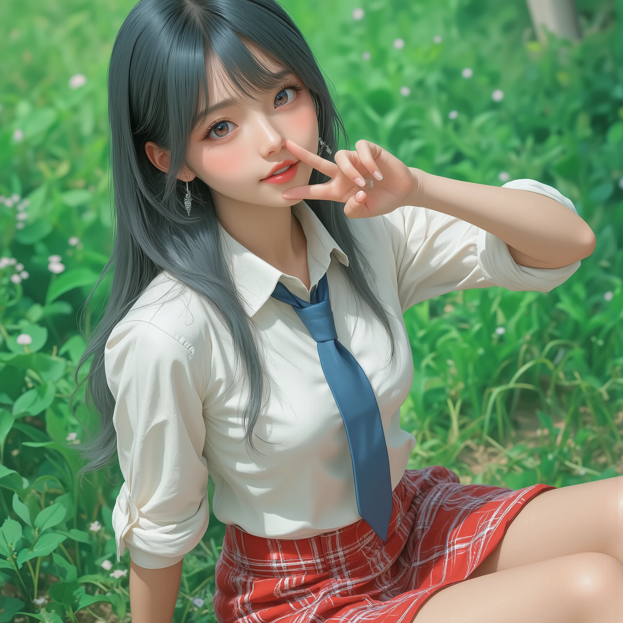 anime-style illustration, photo realism,1girl, full body,long straight long hair,smoky blue color hair, Sitting with Knees Up pose, wink and expressionless, hand making a V-sign near her eye, wearing a white shirt with rolled-up sleeves, red plaid skirt with white check design, loosened blue necktie, earrings, soft blush on cheeks, bright and cheerful expression, green Chromakey background, vibrant and youthful atmosphere,sharp focus, physically-based rendering, extreme detail description, professional,
