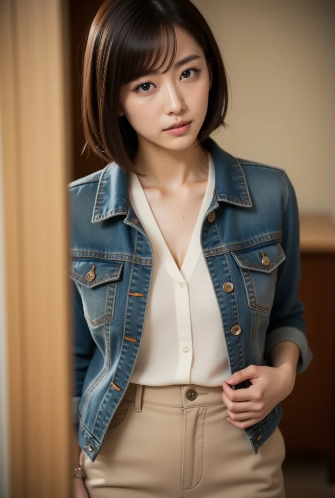 (((masterpiece, top quality, high res,  RAW photos )),  short hair、Japanese Wife,  very short hair , (( white shirt,  beige pants,  denim jacket)),  earrings,  necklace,  bracelet ,  selfie,  is looking in the mirror, room, Wife
