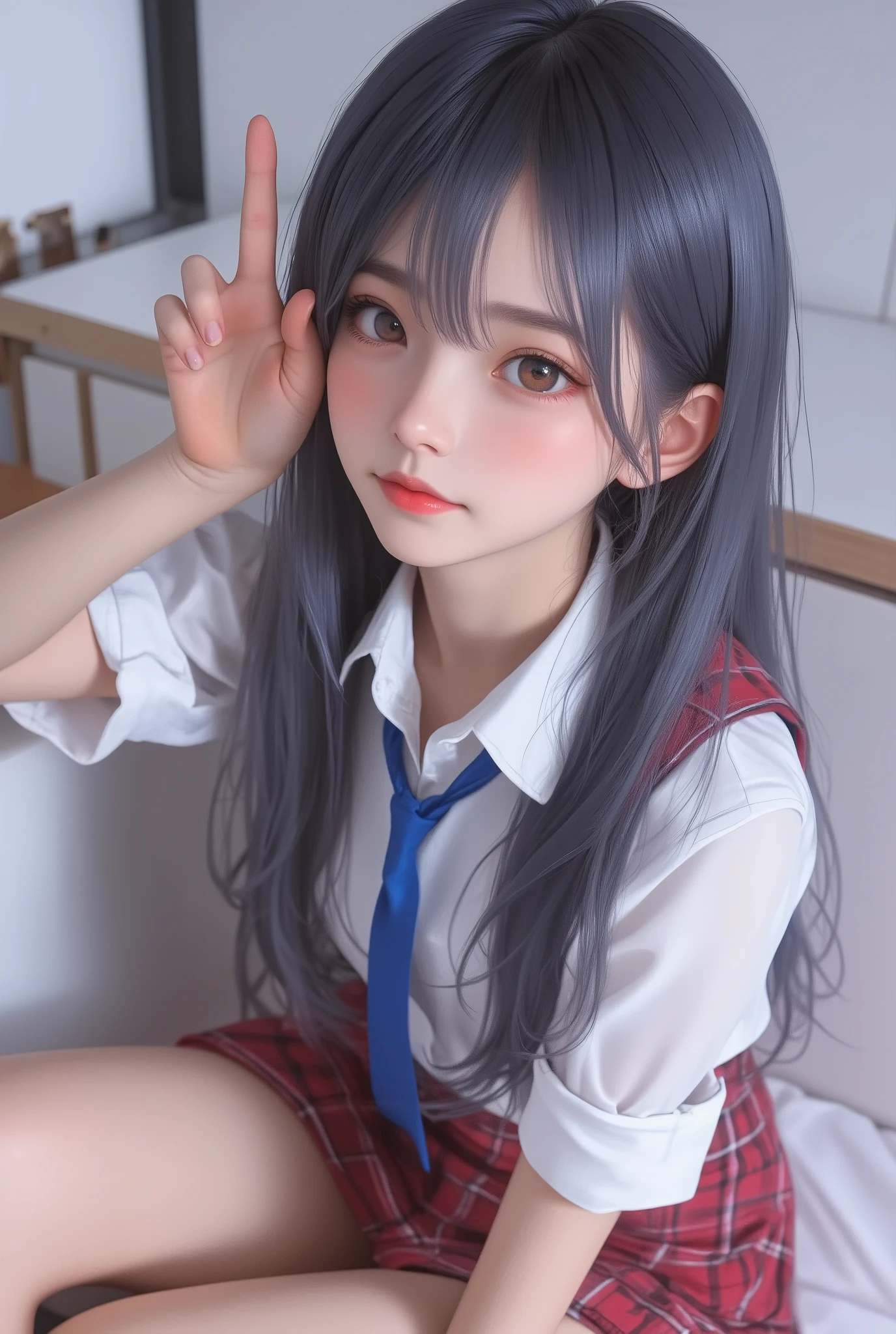 anime-style illustration, photo realism,1girl, long straight long hair,smoky blue color hair, Sitting with Knees Up pose, winking and expressionless, hand making a V-sign near her eye, wearing a white shirt with rolled-up sleeves, red plaid skirt with white check design, loosened blue necktie, earrings, soft blush on cheeks, bright and cheerful expression, green Chromakey background, vibrant and youthful atmosphere, close-up composition focusing full body,sharp focus, physically-based rendering, extreme detail description, professional,
