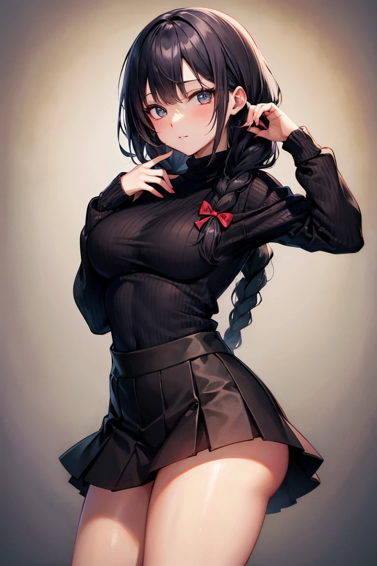 a woman who looks beautiful and elegant, her dark red eyes look cool and her hair is black in a wolf cut style, she wears a black uniform and grins slightly at the camera, and with plain background