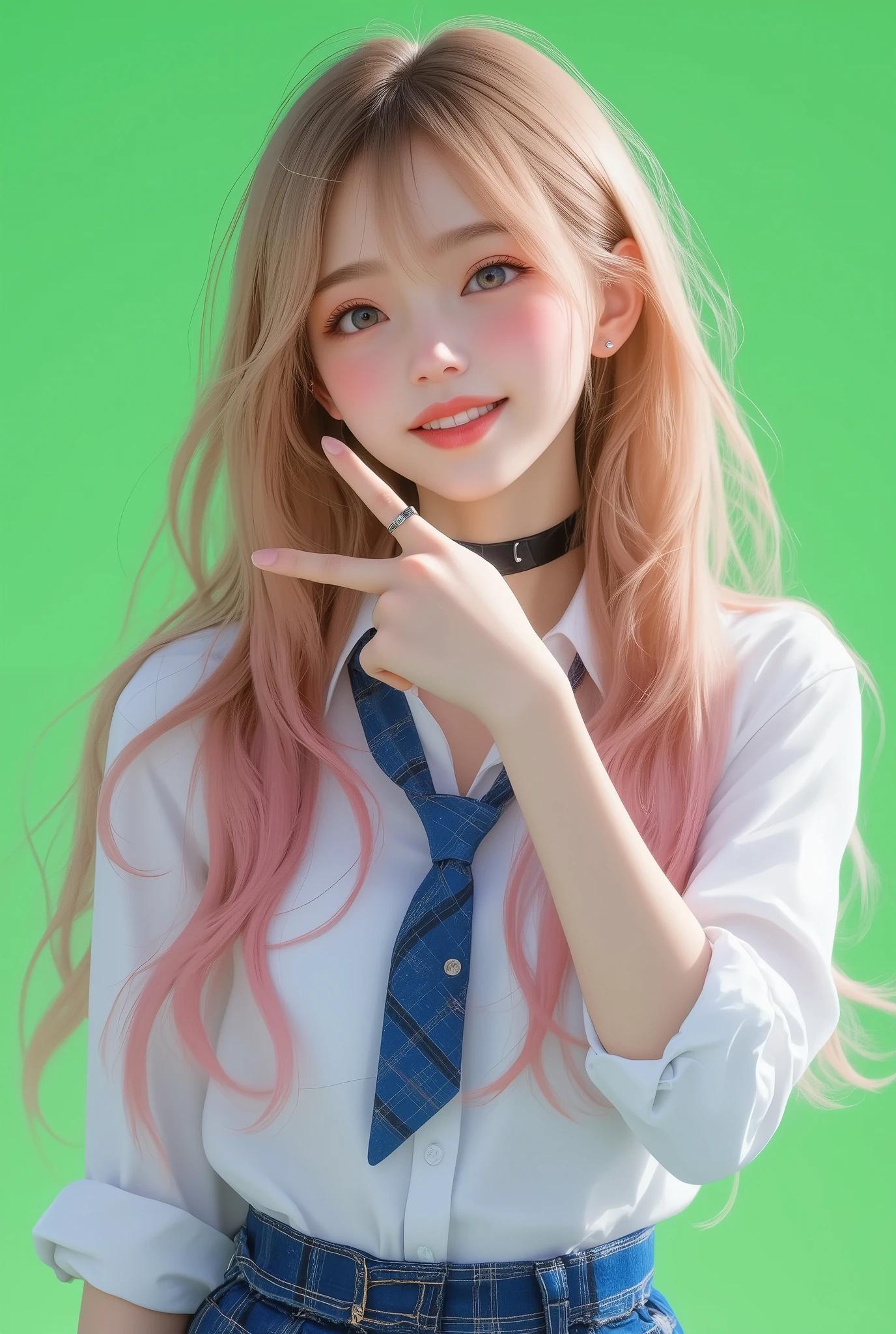 anime-style illustration, photo realism,1girl, long blonde hair with pink tips, playful pose, winking and smiling, hand making a V-sign near her eye, wearing a white shirt with rolled-up sleeves, blue plaid skirt, loosened blue necktie, black choker with a ring, earrings, soft blush on cheeks, bright and cheerful expression, green Chromakey background, vibrant and youthful atmosphere, close-up composition focusing on upper body, sharp focus, physically-based rendering, extreme detail description, professional,