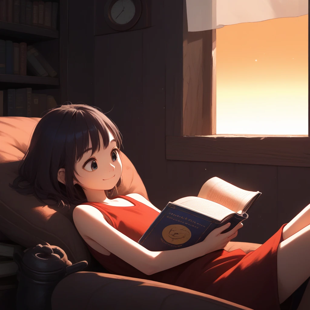 ((A girl lounging on a sun-drenched windowsill, reading a book with a content smile, portrayed in a portrait shot that focuses on her relaxed demeanor and the warm light filtering through the window)),Value, 2D CGI, dynamic angles, body language, gestures, color psychology, anime expressions, high-quality, perfect anatomy, 4K, SFW, overlap, shadows, dimensionality, foreshortening, scenery, modest attire, facial expression, eye reflections, varied dimensions, full color, essence, quirky traits