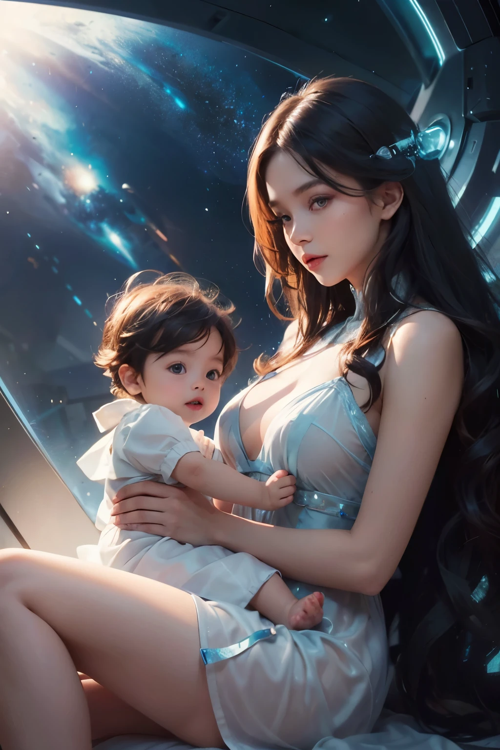 Best quality, realistic, image of beauty woman sit holding year-old babyboy, looking camera, seethru dress, no panty, futuristic glass place, side view, galaxy sky background