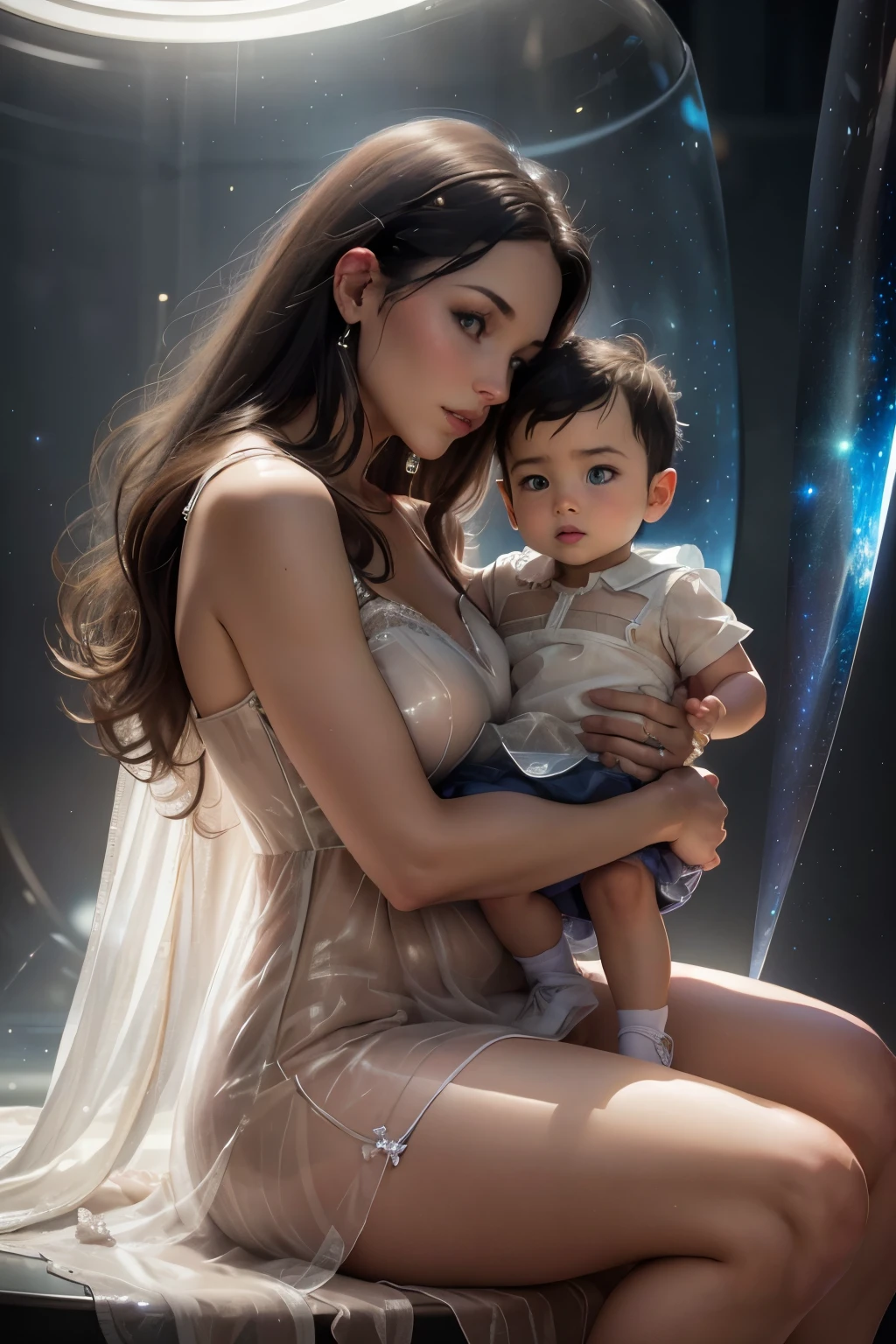 Best quality, realistic, image of beauty woman sit holding year-old babyboy, looking camera, seethru dress, no panty, futuristic glass place, side view, galaxy sky background