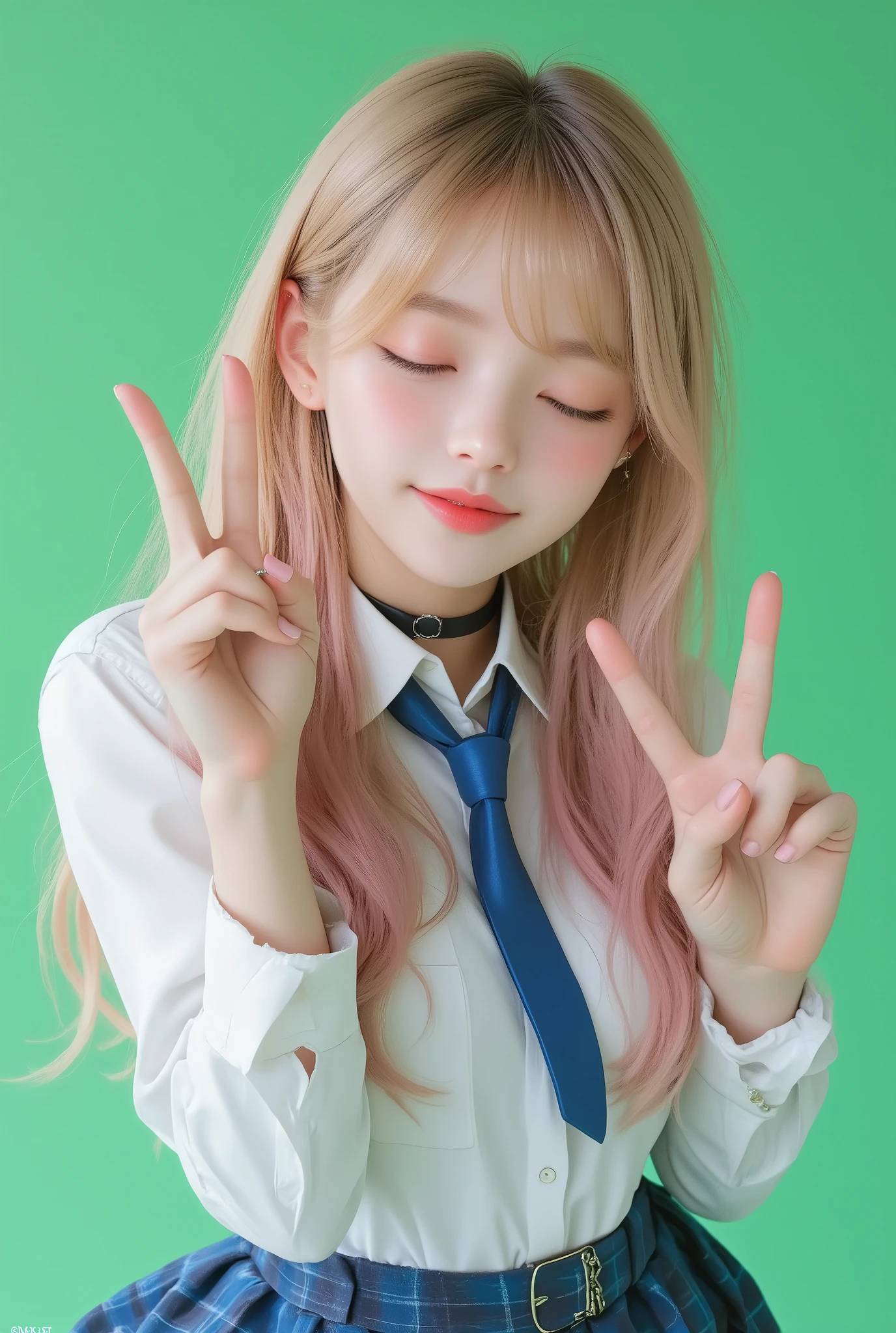 anime-style illustration, photo realism,1girl, long blonde hair with pink tips, playful pose, winking and smiling, hand making a V-sign near her eye, wearing a white shirt with rolled-up sleeves, blue plaid skirt, loosened blue necktie, black choker with a ring, earrings, soft blush on cheeks, bright and cheerful expression, green Chromakey background, vibrant and youthful atmosphere, close-up composition focusing on upper body, sharp focus, physically-based rendering, extreme detail description, professional,