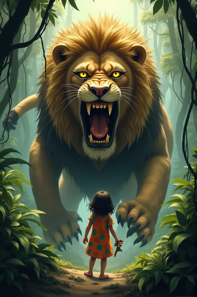 The lion and the boy were sleeping and the monster came to attack them