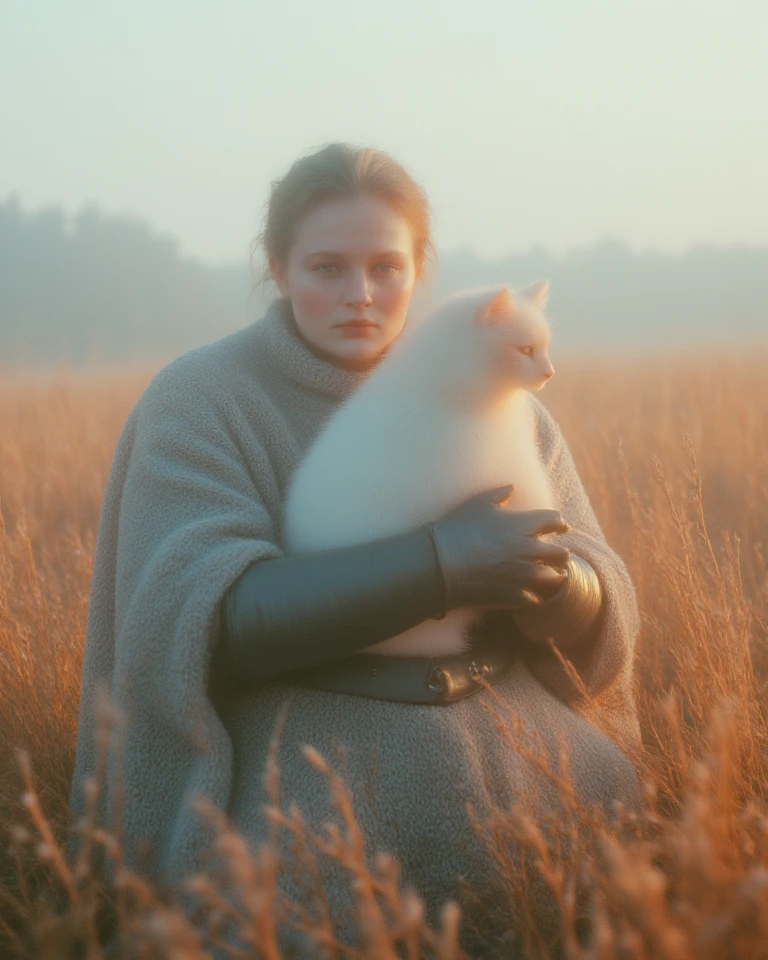 a warrior wearing highly detailed full body knight armor hugging a white grey kitten in a grass field , in a grand setting. Epic scale and heroic elements are illuminated by gentle soft light. Subtle illumination, diffused shadows, low contrast, background is a 
bright forest, spring time, full body shot, ultra wide shot, soft pastel colors
