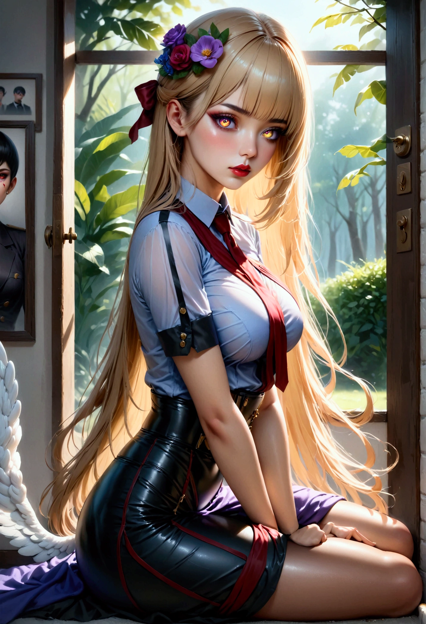Best Quality, Realistic, Realistic, Award-Winning Illustrations, (Intricate Details: 1.2), (Fine Details), (Intricate Details), (Cinematic Light, Best Quality Backlight), Clear Lines, Sharp Focus, Official Art, Unity 8k Wallpaper, Ridiculous, Incredibly Ridiculous, Fantasy Art, RTX,long hair, 1girl, hair ornament, twintails, solo, breasts, blue eyes, cleavage, bow, bear hair ornament, necktie, blonde hair, smile, bangs, large breasts, looking at viewer, collarbone, shirt, nail polish, red bow, black shirt, underwear, bra, skirt, choker, black bra, sleeves rolled up, white necktie, red nails, open mouth, pleated skirt, red skirt, shiny, teeth, medium breasts, miniskirt, shiny hair, upper body, school uniform, pink hair, boots, upper teeth only, plaid skirt, blush, knee boots, plaid, black footwear, cross-laced footwear, junko enoshima