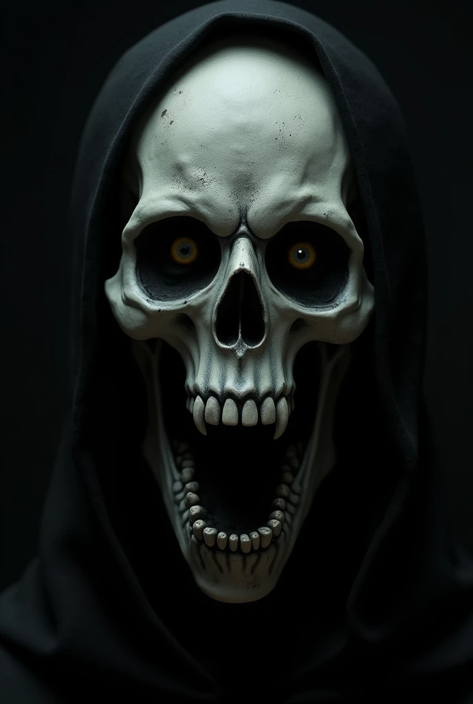 Detailed face of a terrifying totally black ghost in a dark and chilling environment that represents terror, horror and suspense at its best, a paranormal world with realistic textures in 8k
