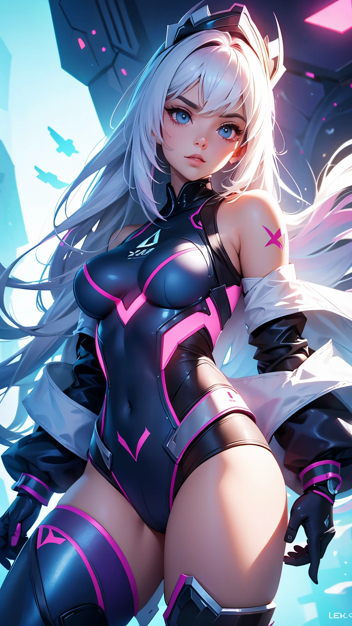 最high quality、best image quality、masterpiece、girl((20-year-old、 By becoming、vest bust、medium bust,wide open breast tea、shining eyes, silver hair、long hair、thin,highest valley、black sports bra、black sports pants、shoulder tattoo,diamond earrings、Wristband、black jacket、necklace、forward leaning movement、move violently)),high quality、beautiful art、background((Virtual space、neon lighting、neon light、Live feeling))、Flight、debris flies、Depth of written boundary、movie、visual art、perfect art、8K,genuine、Dynamic Performance