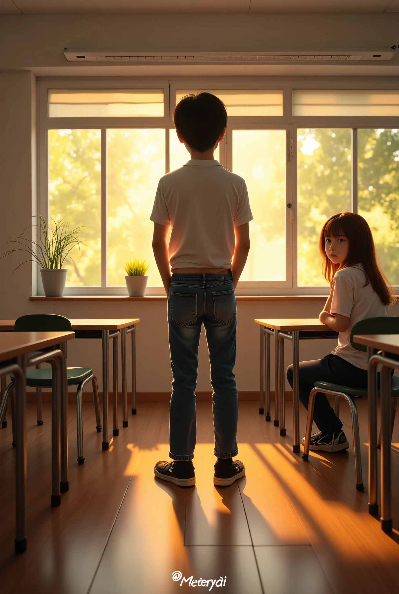  back view、 school classroom、lunch break、((( back view、遠くから女の子を見つめるBack view of a boy:1.5、Back view of a boy)))、Classmate girl sitting by the window 、((( Girl looking out of the window at dusk :1.7)))、A girl wearing a cane、(((遠くからその女の子を見つめるBack view of a boy:1.5、Back view of a boy)))、