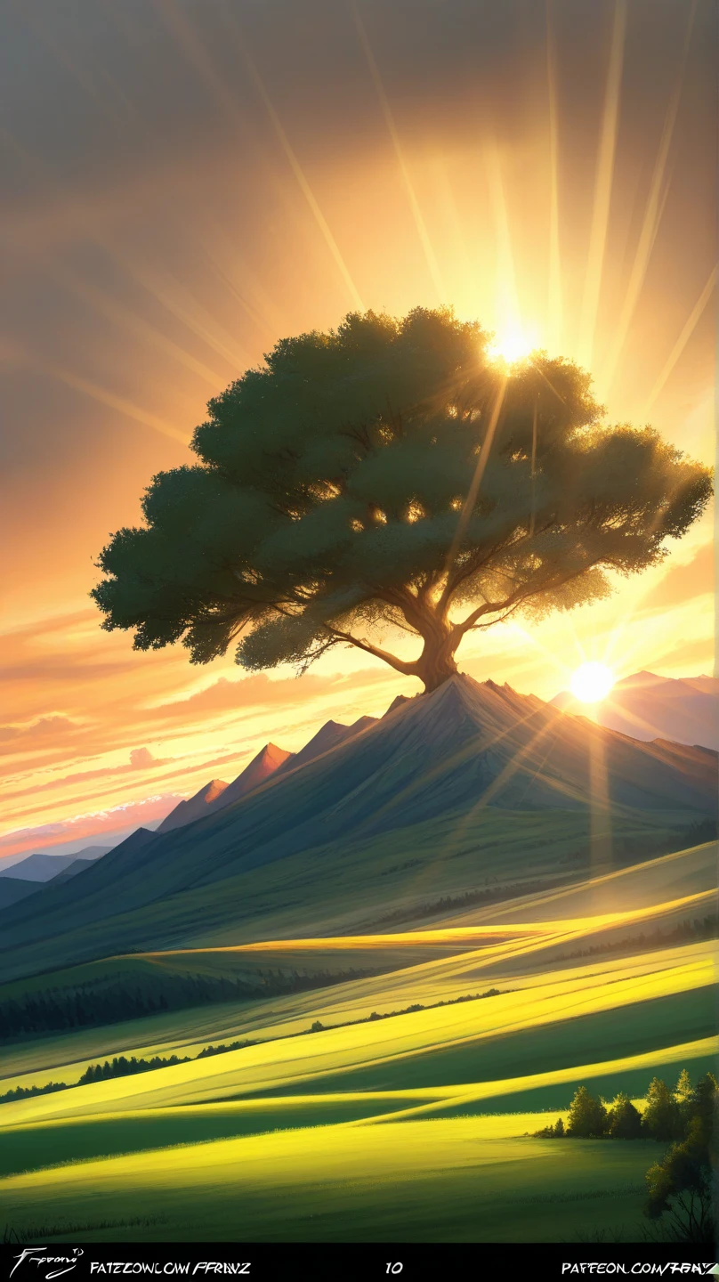 mountains with a tree in the foreground and a sunbeam in the distance, beautifully lit landscape, sunshine lighting high mountains, sunset in a valley, dreamy landscape, dramatic morning light, bright landscape, epic beautiful landscape, some rays of light, breathtaking landscape, sunlit landscape, by Franz Hegi, heavenly light, epic landscape, an epic landscape, an amazing landscape image