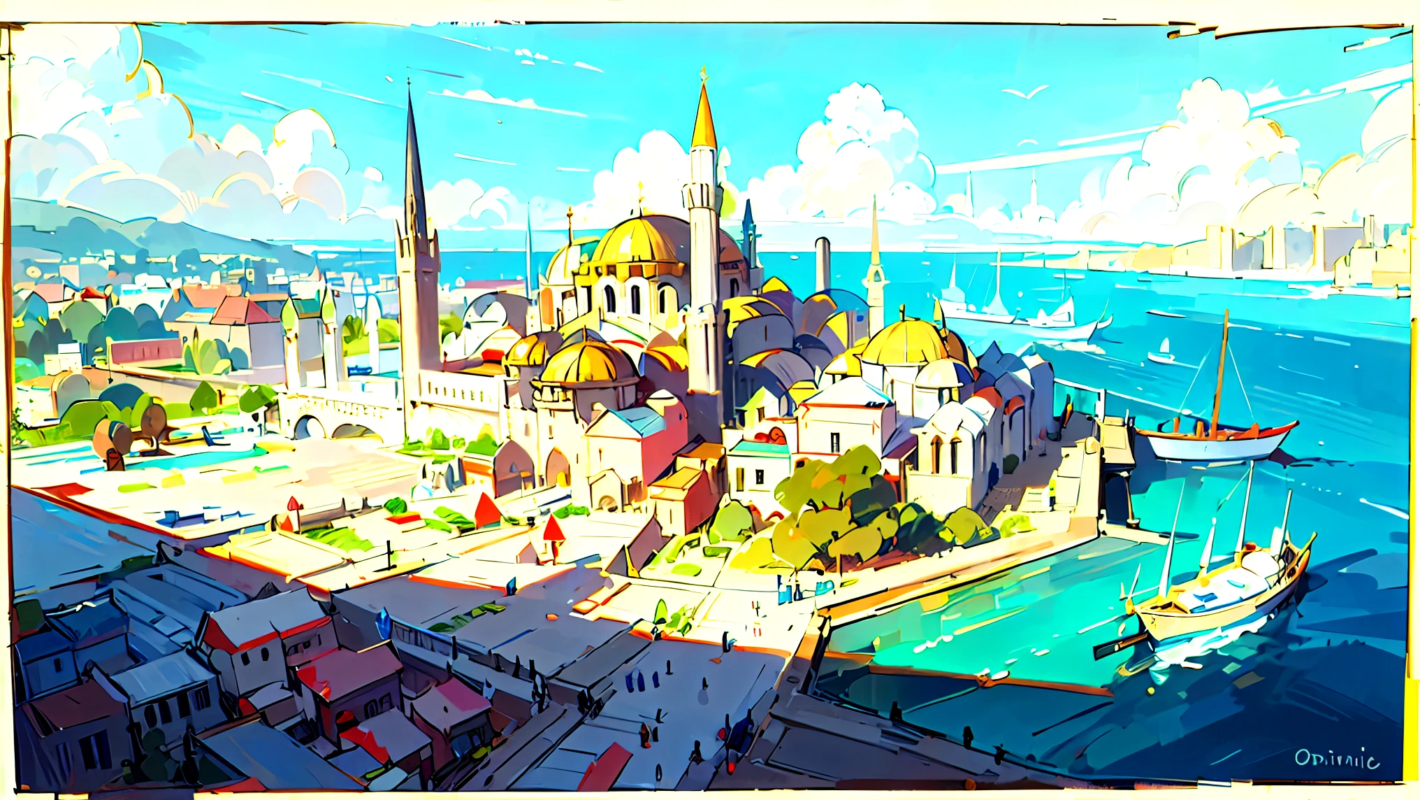 Enchanting view of the city of constantinople (0.2), magnificent domes and minarets reaching the sky (0.15), Byzantine mosaics glistening in the sun (0.1), surrounded by lush gardens in full bloom (0.15), distant silhouette of the Istanbul cityscape (0.1), calm waters of the Bosphorus in the foreground (0.1), sunset tones painting the scene in warm colors (0.1), rendered in the artistic styles of the impressionist traits of Claude Monet (0.05) and in the idyllic, light-infused setting of Thomas Kinkade (0.05)