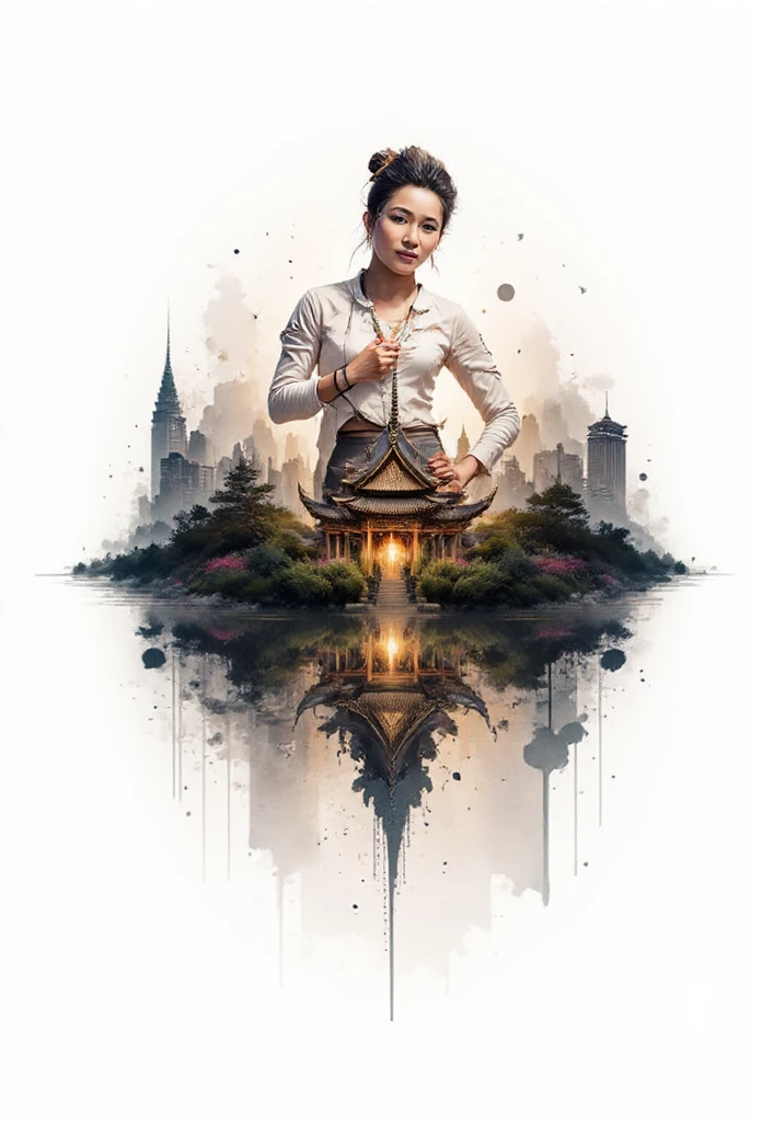 A photographic design that captures the essence of Bangkok, the capital city of Thailand. This is a full body shot of a Thai woman wearing traditional Thai dress and intricate Thai attire. She strikes a dramatic pose, superimposed against a horizontal shot of modern skyscrapers and a traditional Thai temple illuminated at night. The contrasting elements blend together harmoniously, set against a clean white background. Realistic details.