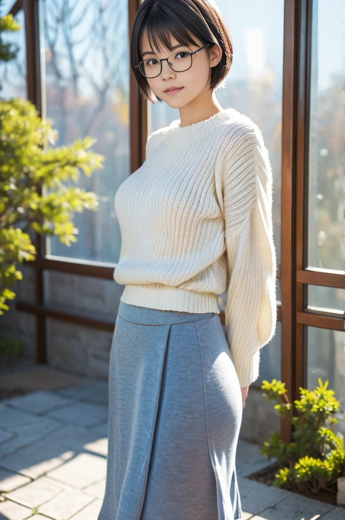 (8k, RAW photo, photorealistic, HQ, masterpiece), (whole body, full body), a cute Japanese girl,(glowing eyes), 
(light smile:0.2), Rimless Glasses, brown hair, fluffy Pixie Bob hair, large breasts, curvy, (A big baggy wool sweater layered over a simply long skirt), 
standing pose, Seductive pose, (winter nature park), 
blurred background, depth of field, natural lighting, backlighting, face lightning, 