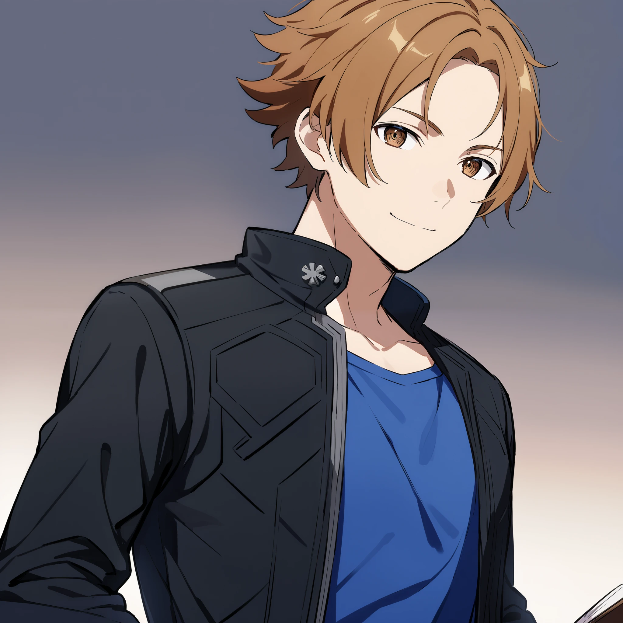 (high-quality, breathtaking),(expressive eyes, perfect face) 1boy, male, solo, adult age, Sword Art Online, Symmetrical Eyes, simple background, gentle smile, short hair, fluffy hair, modern outfit, SAO inspired, blue tank top, black jacket, cowboy shot, medium full shot, pants, black brown hair, modern living room background, reading a book, looking at viewer